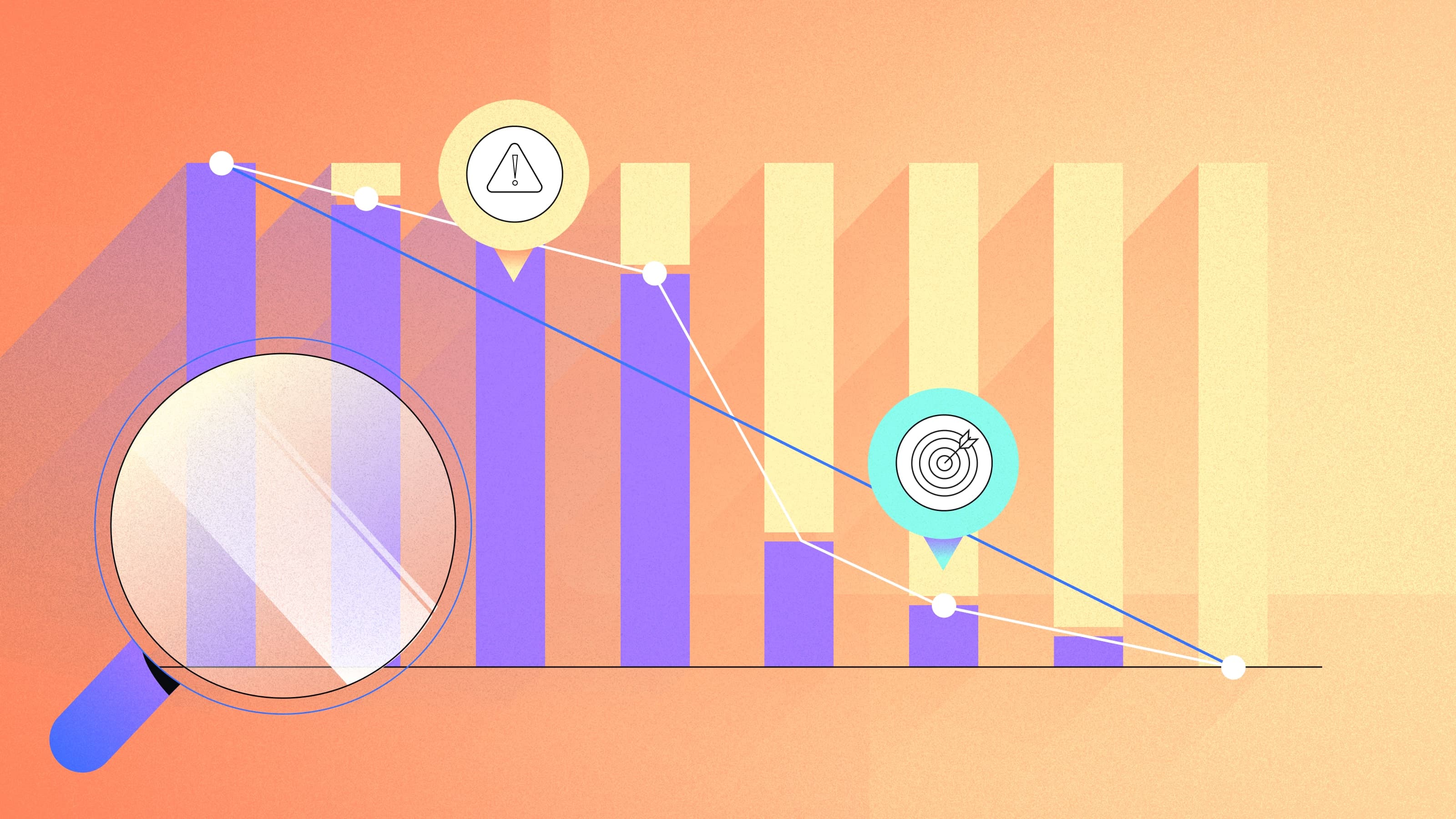 Illustration of a bar and line graph with a magnifying glass and icons for warning signs and targets.