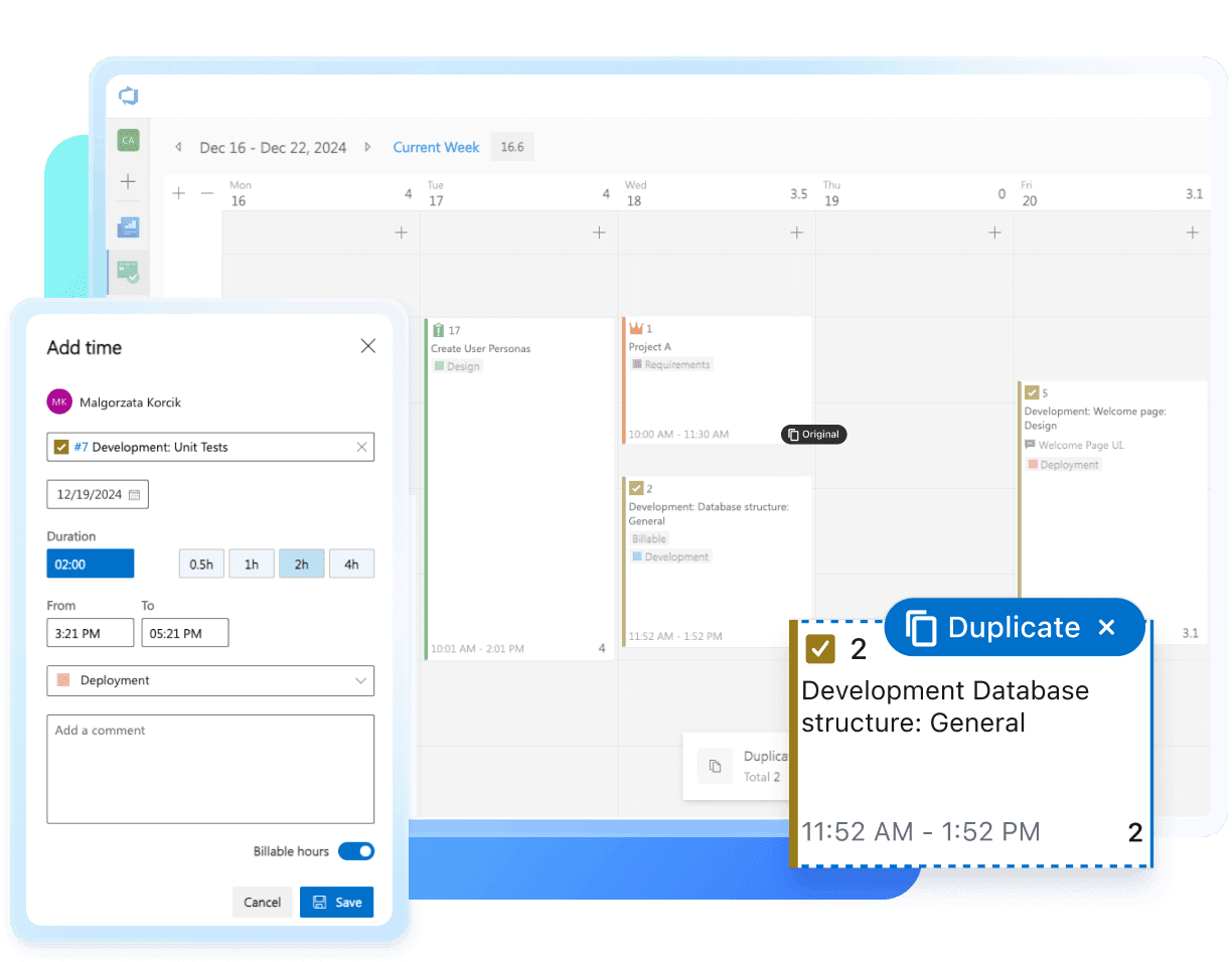 User interface of a time-tracking application displaying a calendar view with tasks and an 'Add Time' popup. Features include task duplication, billable hours toggle, and time selection for efficient time management.