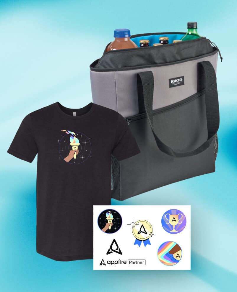 Image of Appfire branded merchandise including a cooler bag, t-shirt with a space theme, and a sheet of stickers with various logos and designs.