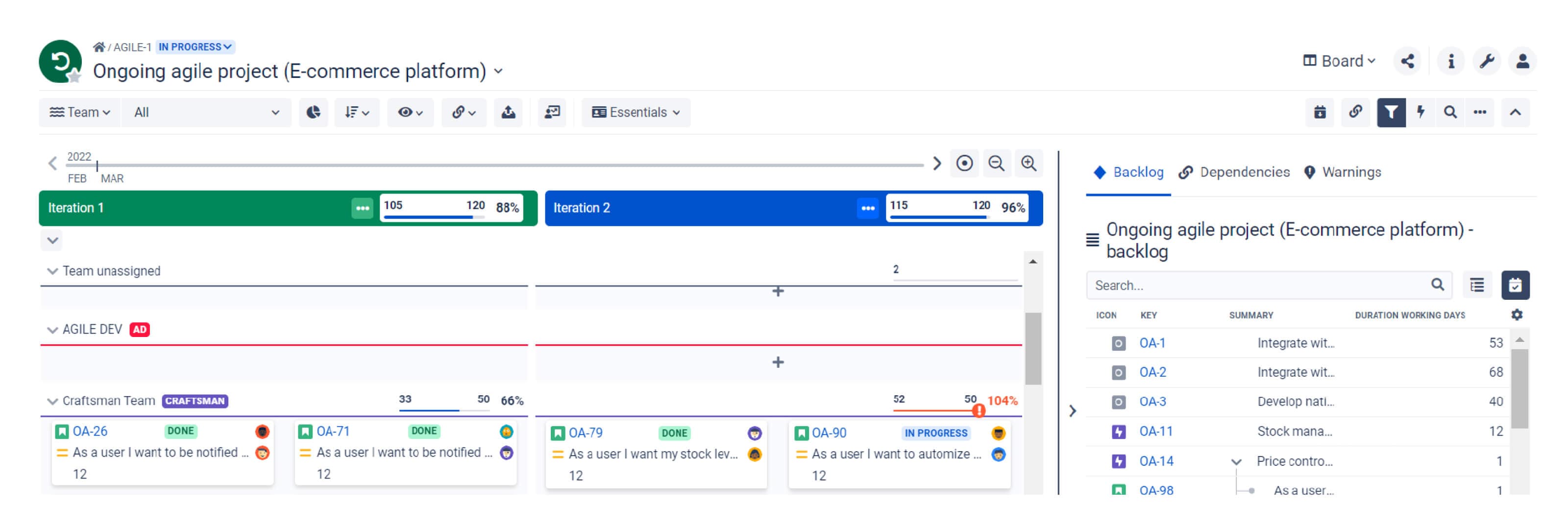  
A Kanban Board visualizing a “WBS” (Agile backlog structure; right section).
