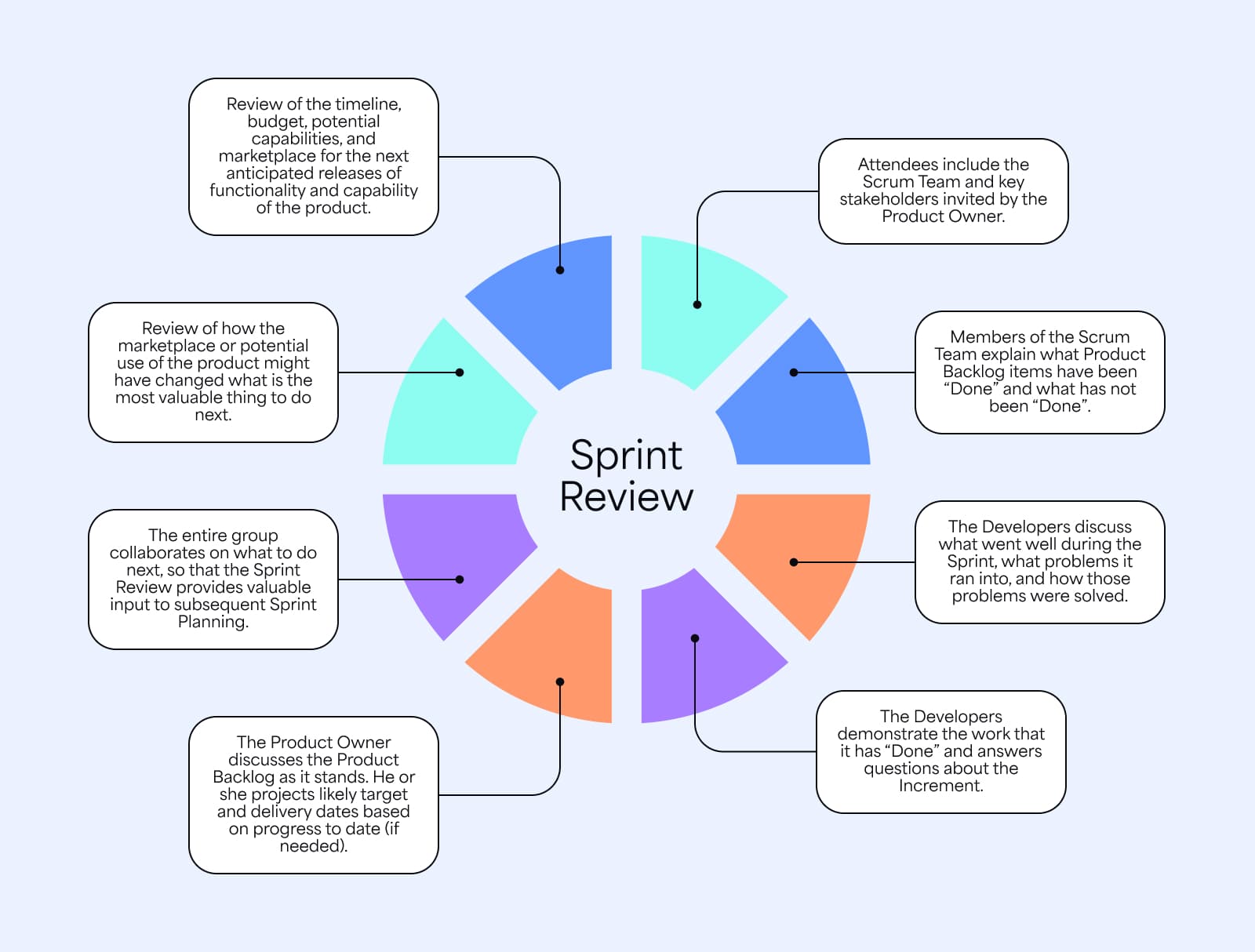 Circular diagram showing key Sprint Review activities, including reviewing the increment, gathering stakeholder feedback, and updating the Product Backlog for what comes next.