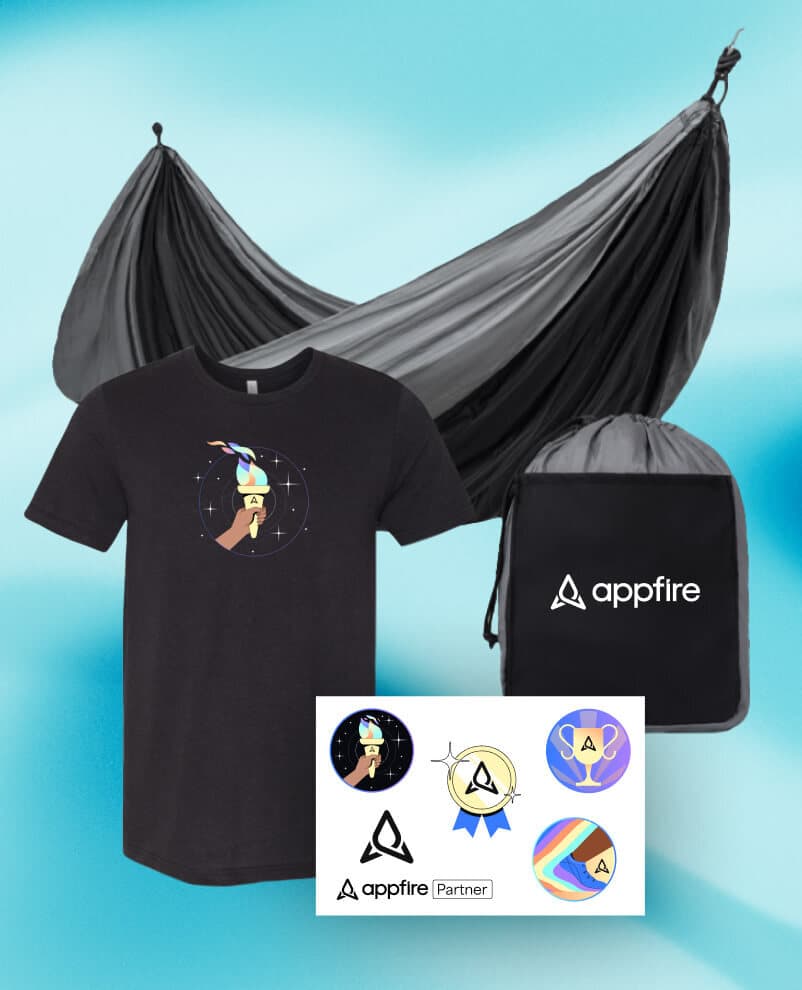 Image of Appfire branded merchandise including a hammock, t-shirt with a space theme, drawstring bag, and a sheet of stickers with various logos and designs