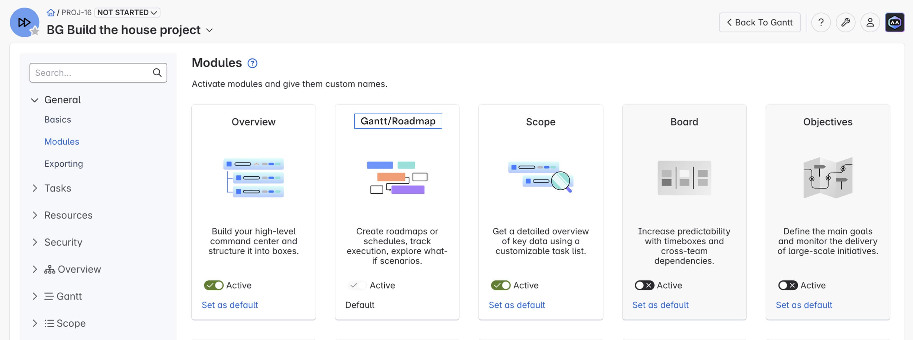 BigPicture Enterprise lets you customize the name for every module on the project, program, and portfolio level.
