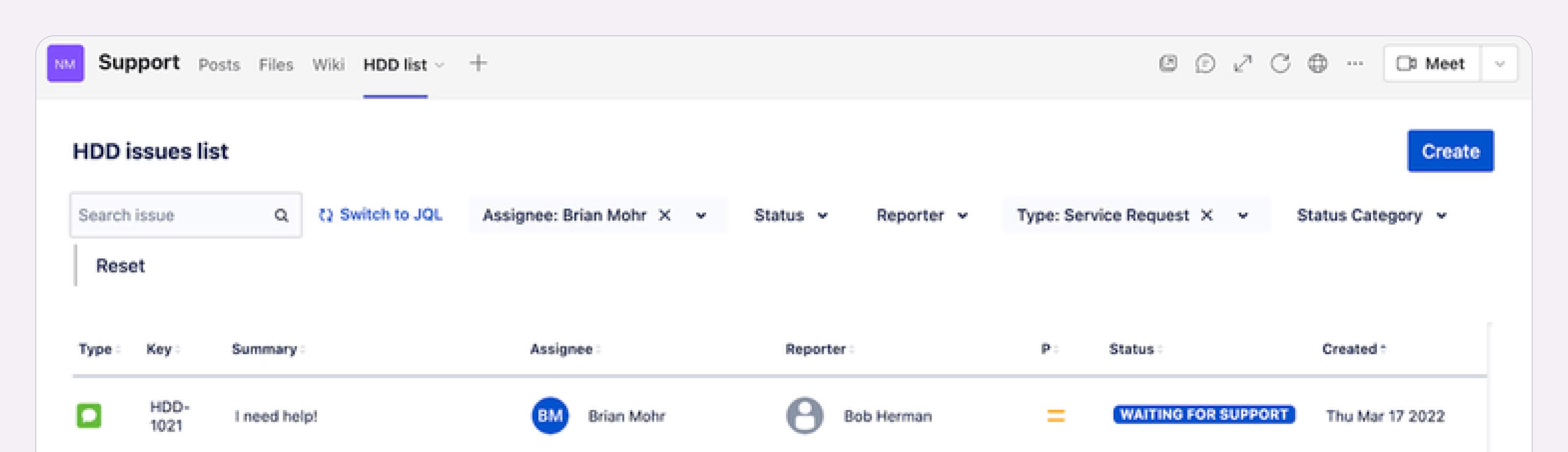 Support tab of the Jira Integration Plus app within Microsoft Teams.