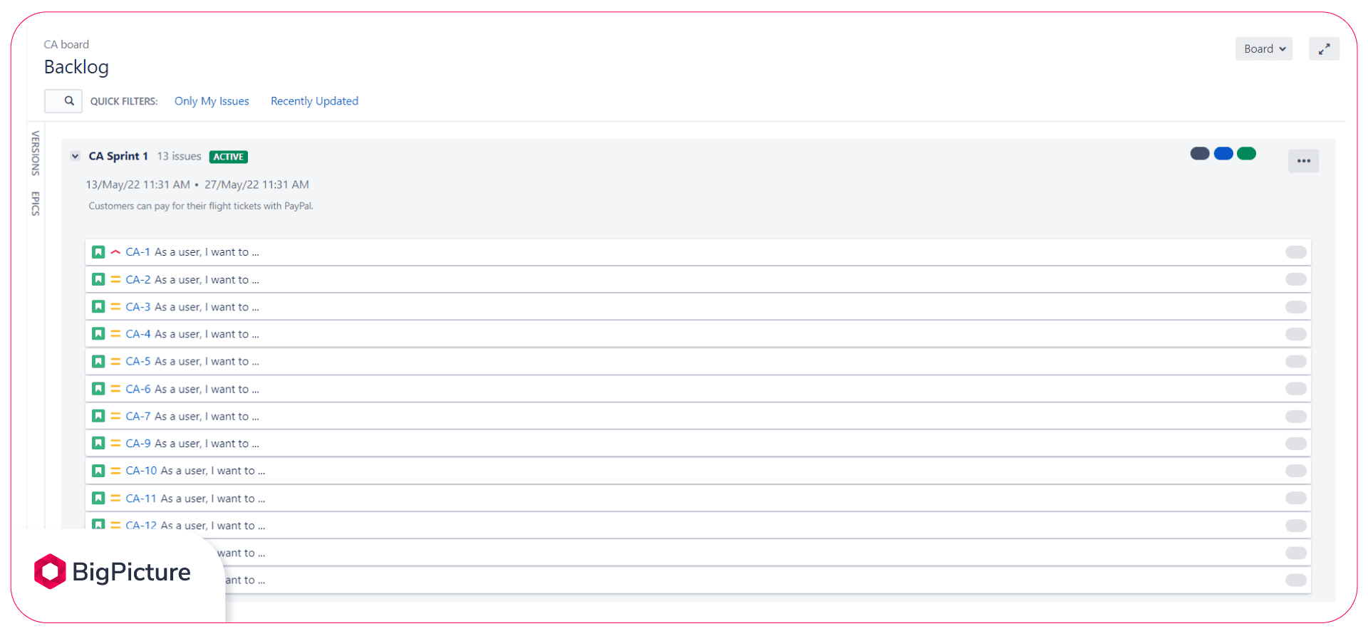 Jira Backlog panel. You can see the Sprint Goal (“Customers can pay for the flight tickets with PayPal”) under the Sprint name (“CA Sprint 1”).