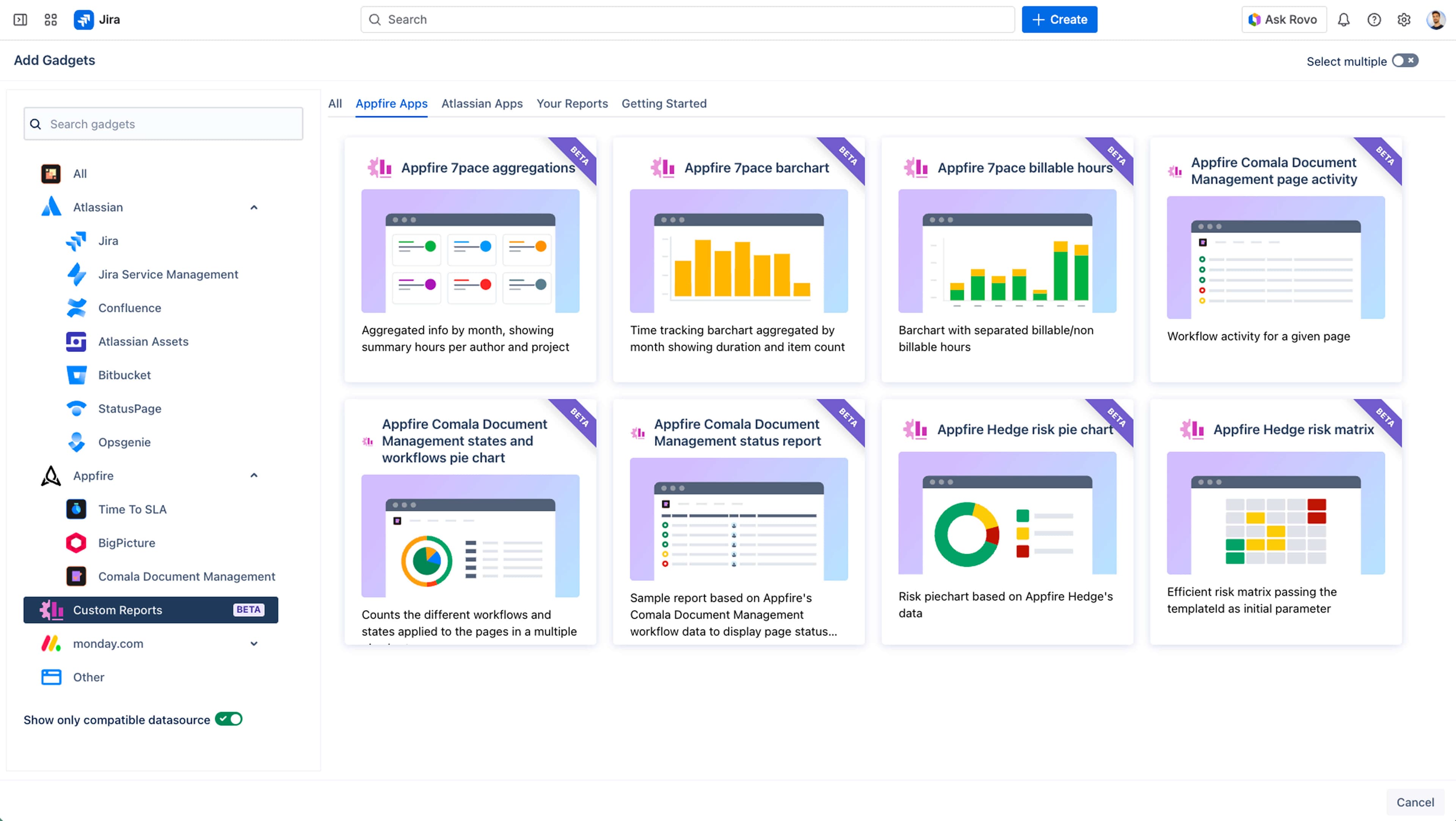  A list of Custom Report templates in Dashboard Hub.