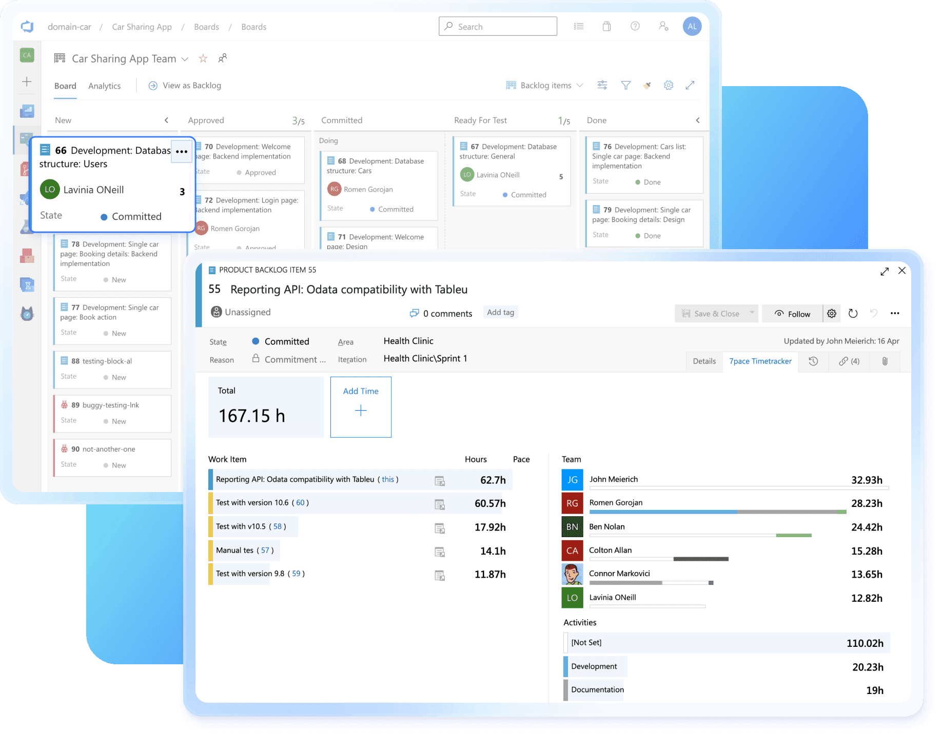 A screenshot showing a task management interface within a development project. The image highlights a pop-up menu for a task, showing options like 'Start Tracking,' 'Edit title,' and 'Move to iteration.'