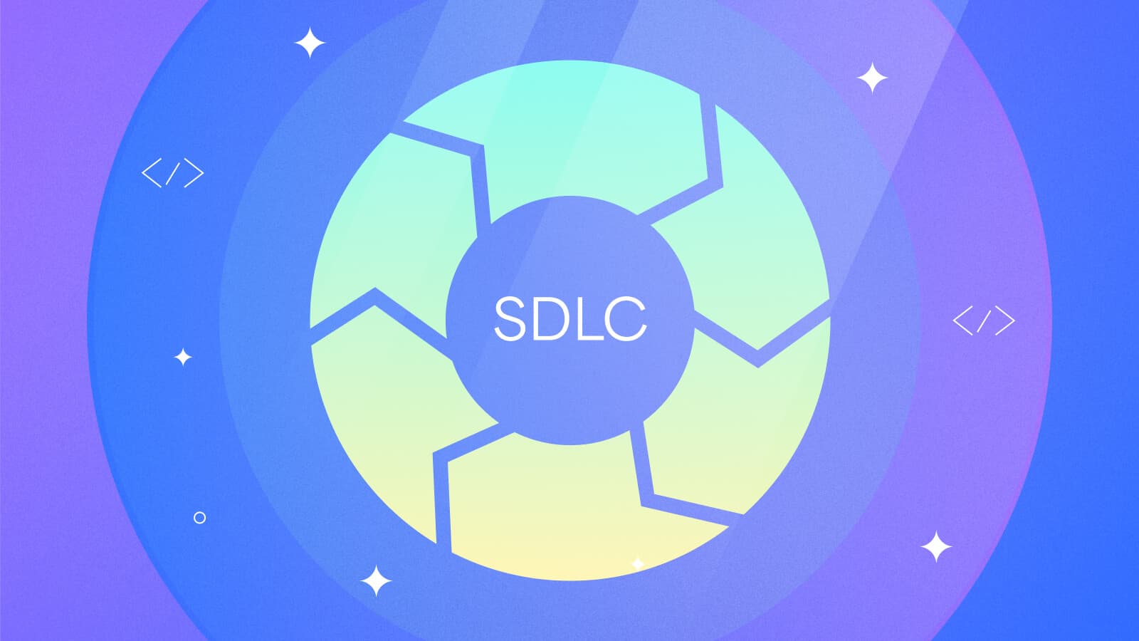 A conceptual illustration of the SDLC lifecycle, through a circle, with lines emphasizing fast speeds and a shield emphasizing security.