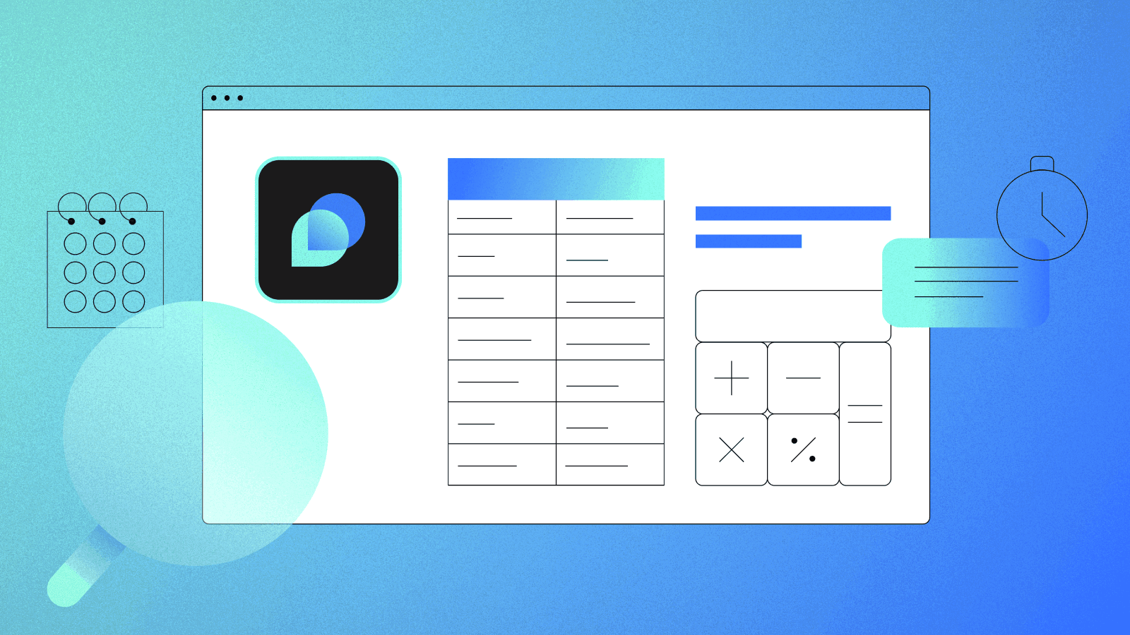 Illustration of a web page with a magnifying glass, a calendar, a table, and a calculator interface, featuring an icon with overlapping blue shapes and text lines on a blue gradient background.