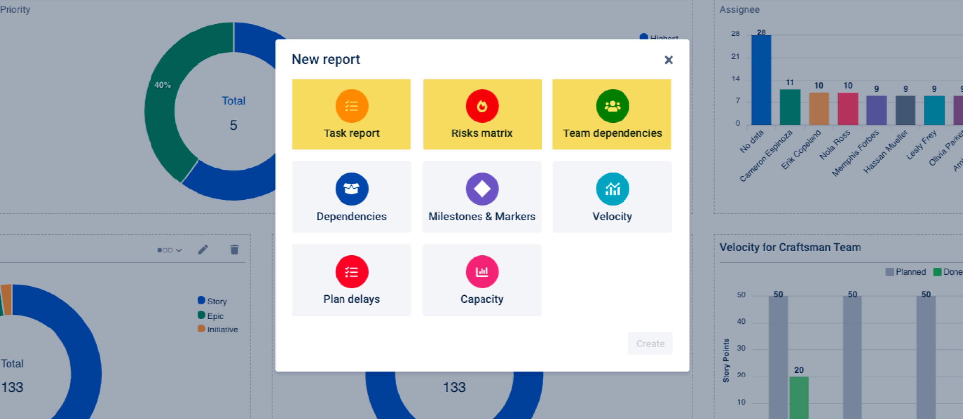 The custom reports available in BigPicture Enterprise. BigPicture standard is limited to the Task report, Risk matrix, and Team dependencies.