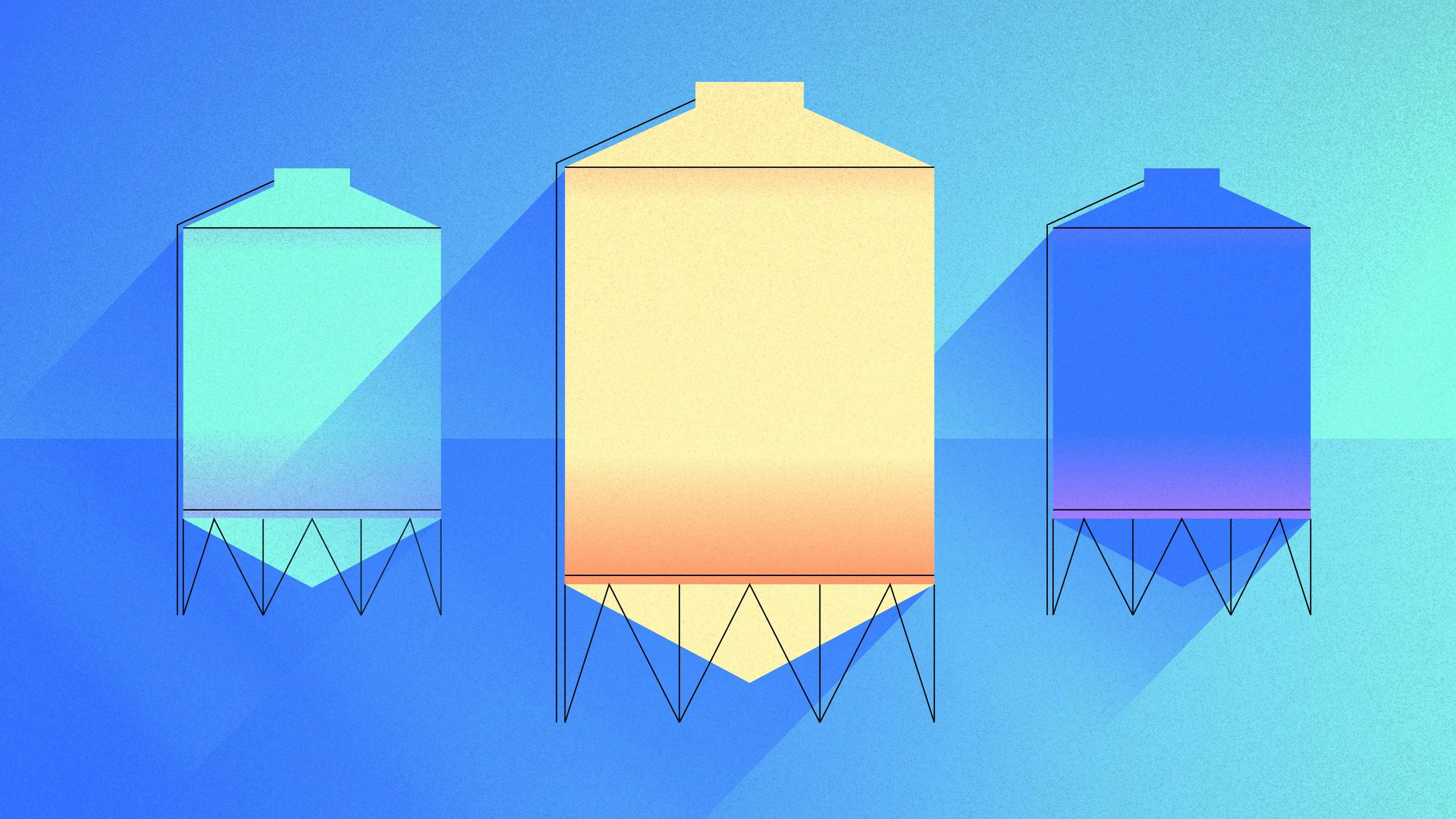 Abstract illustration of three silo structures in varying shades of blue, teal, and yellow, representing the concept of siloing, set against a gradient blue background with subtle geometric shadows.