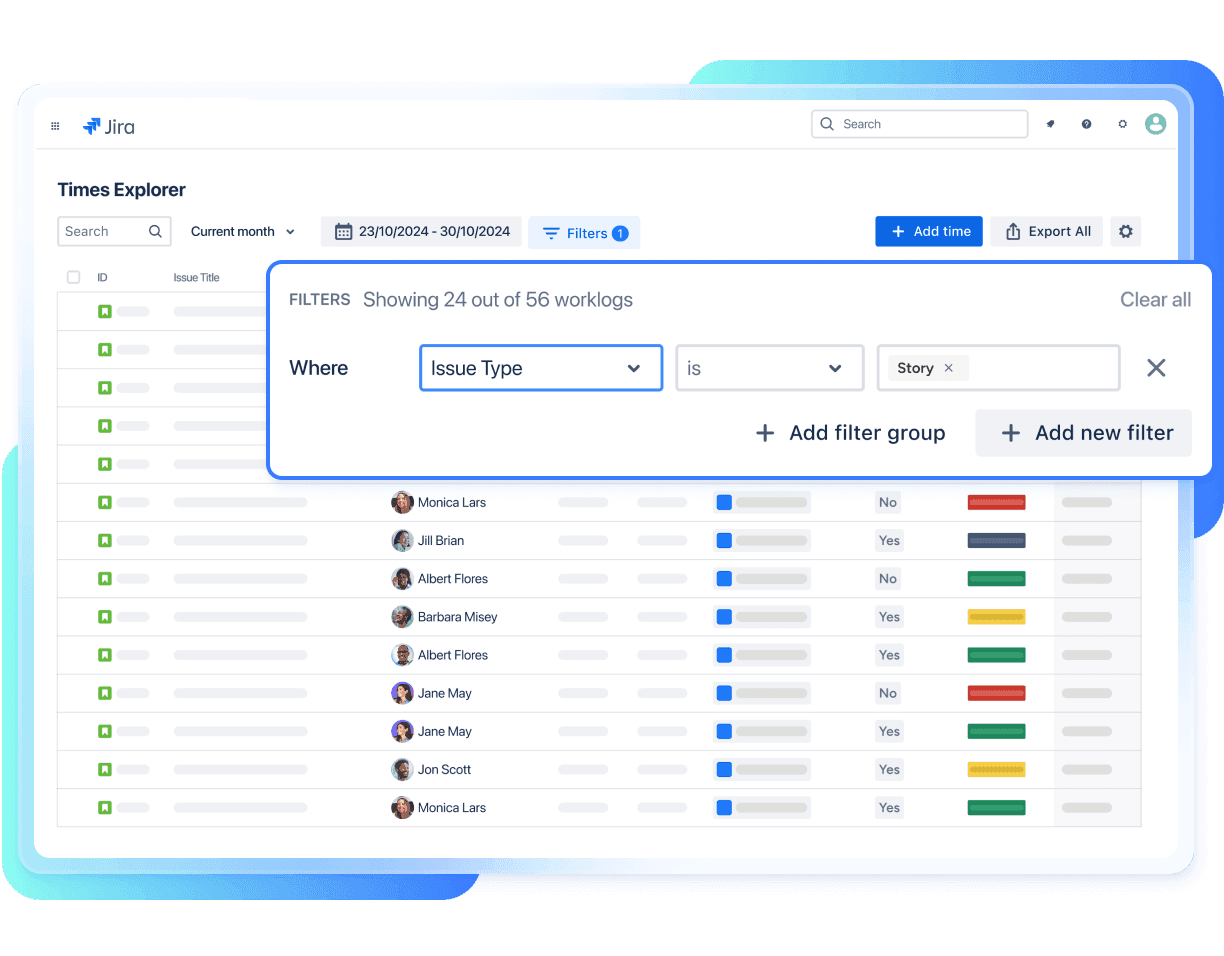 Screen capture of the reporting interface within 7pace Timetracker for Jira; see all the data you need in one place.