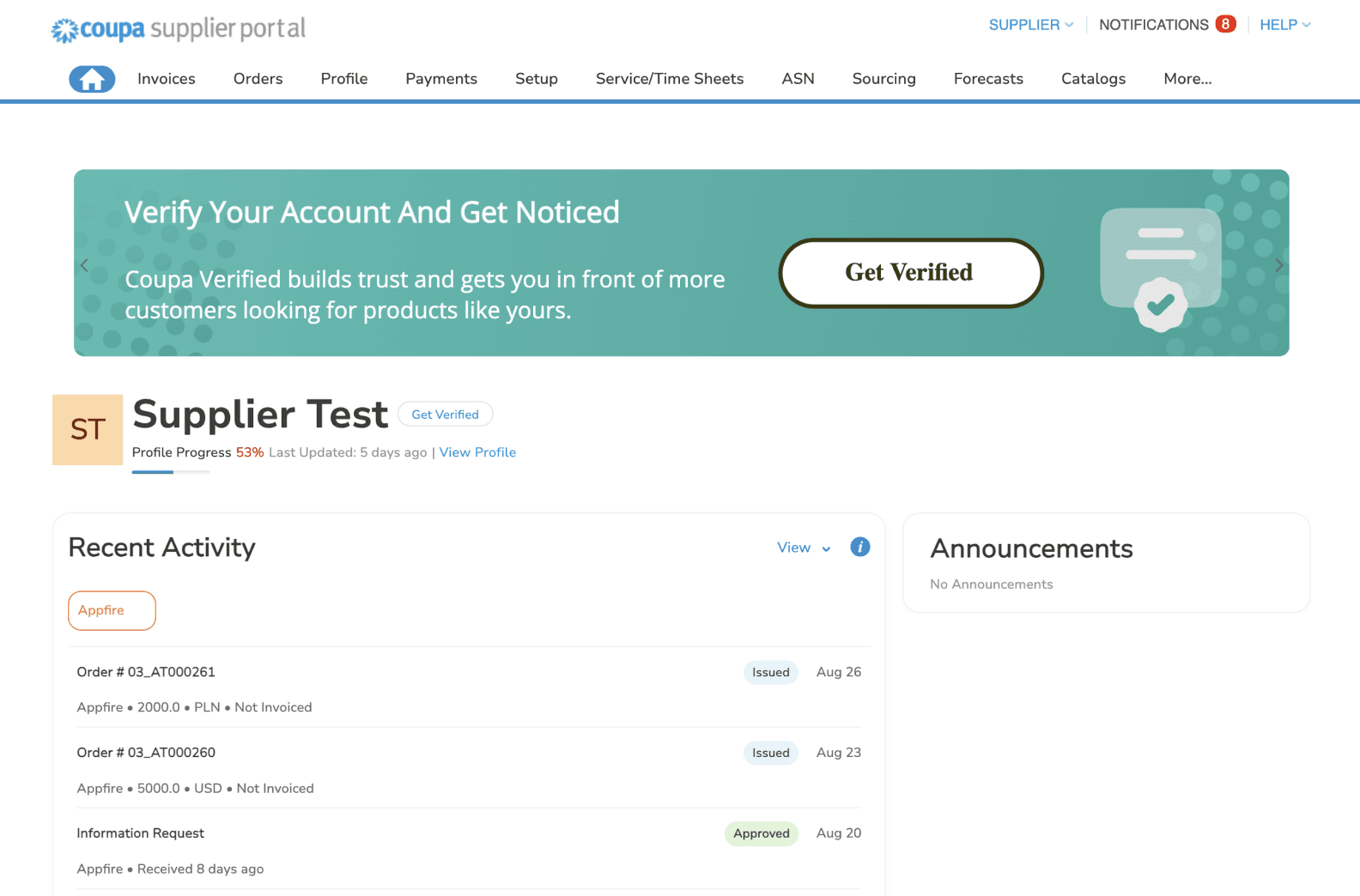 Supplier test activity