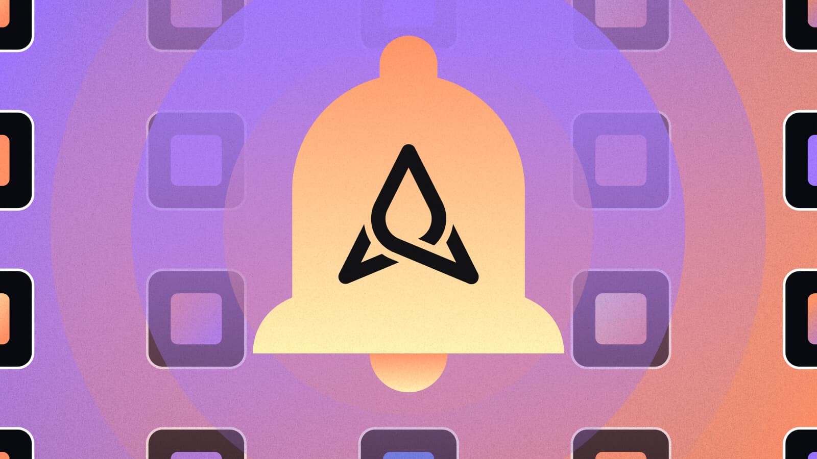 Abstract illustration featuring a bell with the Appfire logo, surrounded by gradient squares on a purple and orange background, symbolizing notifications or alerts.