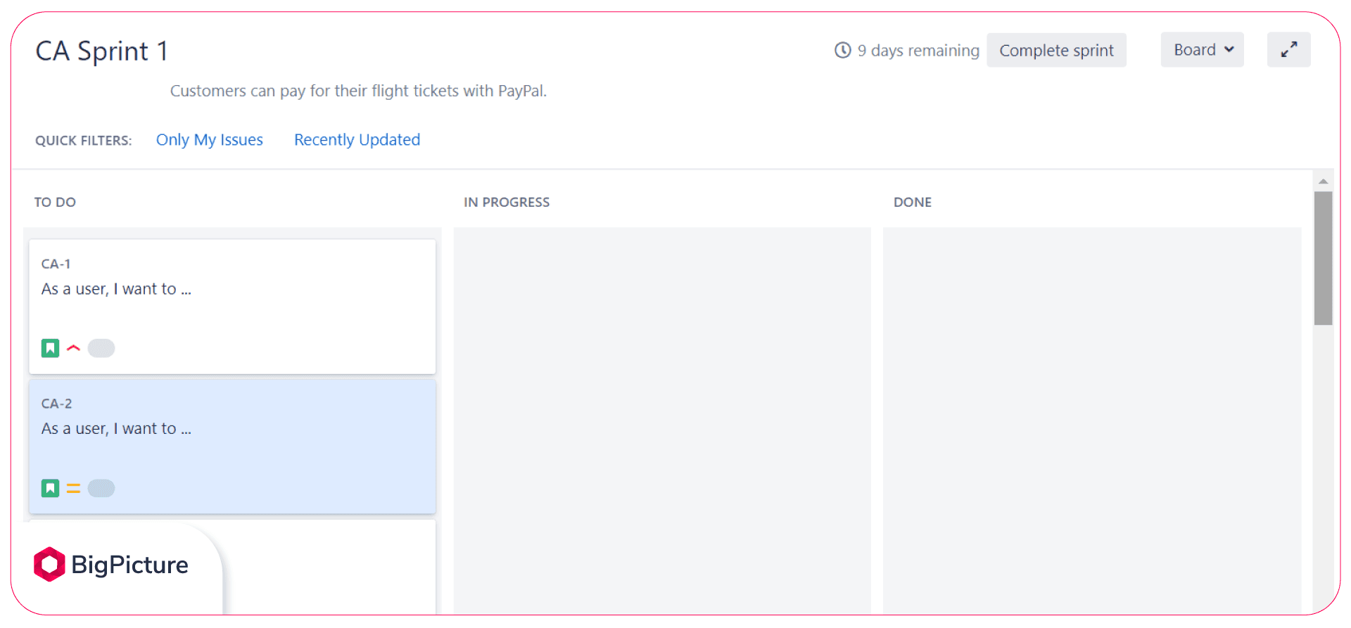 Jira Backlog panel. You can see the Sprint Goal (“Customers can pay for the flight tickets with PayPal”) under the Sprint name (“CA Sprint 1”).