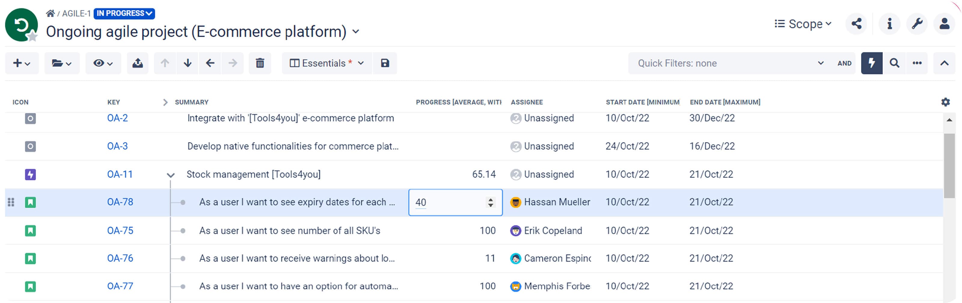 You or the assignee can in-line edit the Progress field to keep the task progress up to date.