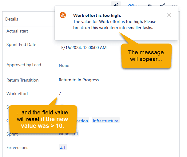 Jira issue screen with warning message and auto-reset work effort field logic