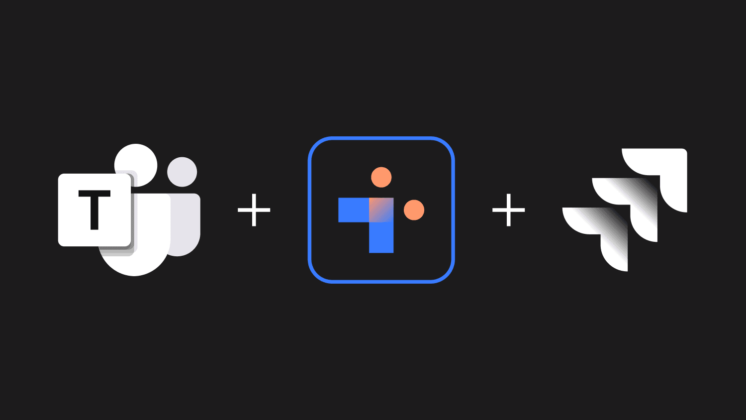  Icons representing Microsoft Teams, an integration tool, and Jira on a black background, symbolizing the integration and two-way sync between Microsoft Teams and Jira.