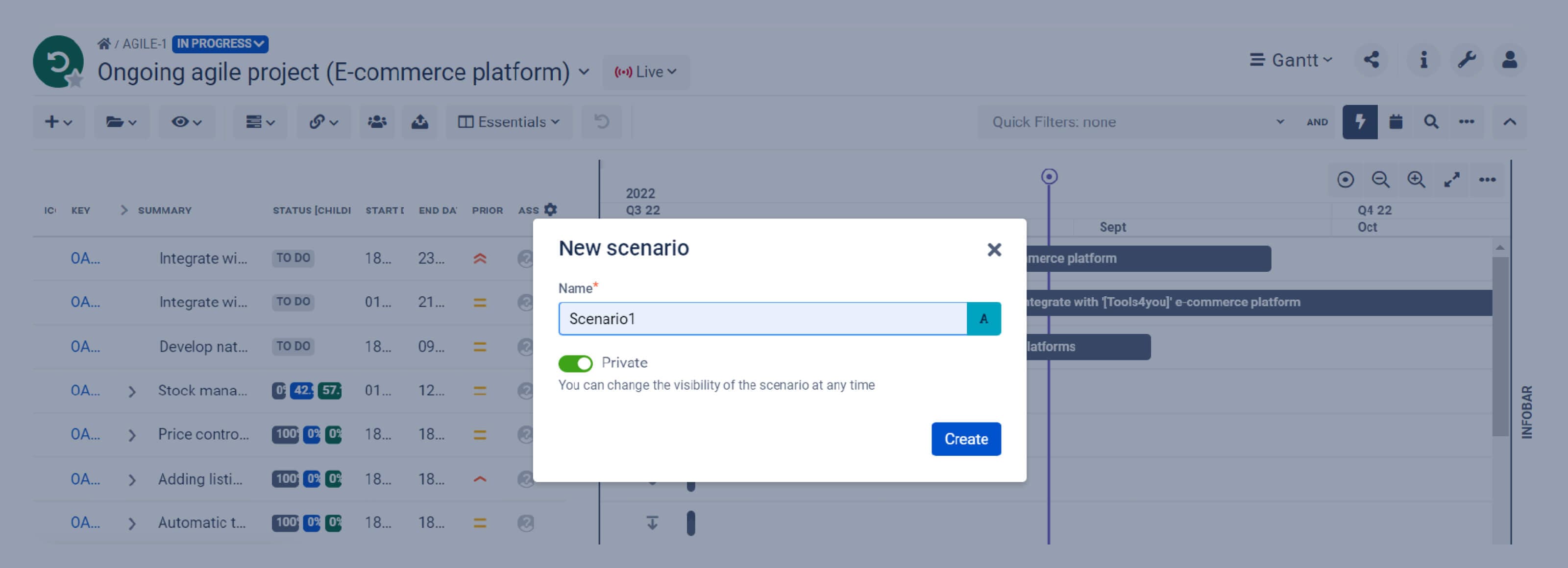 You can easily create a what-if scenario for your project with just two clicks. Each scenario you create can be public or private.
