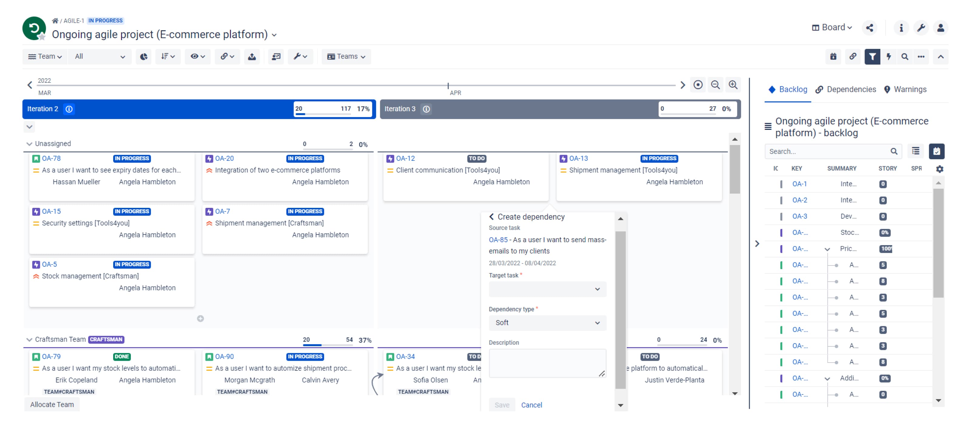 Here, you connect two tasks by specifying the target task to the one you have selected (you can use a drop-down menu to look for the target task or enter a full issue key).
