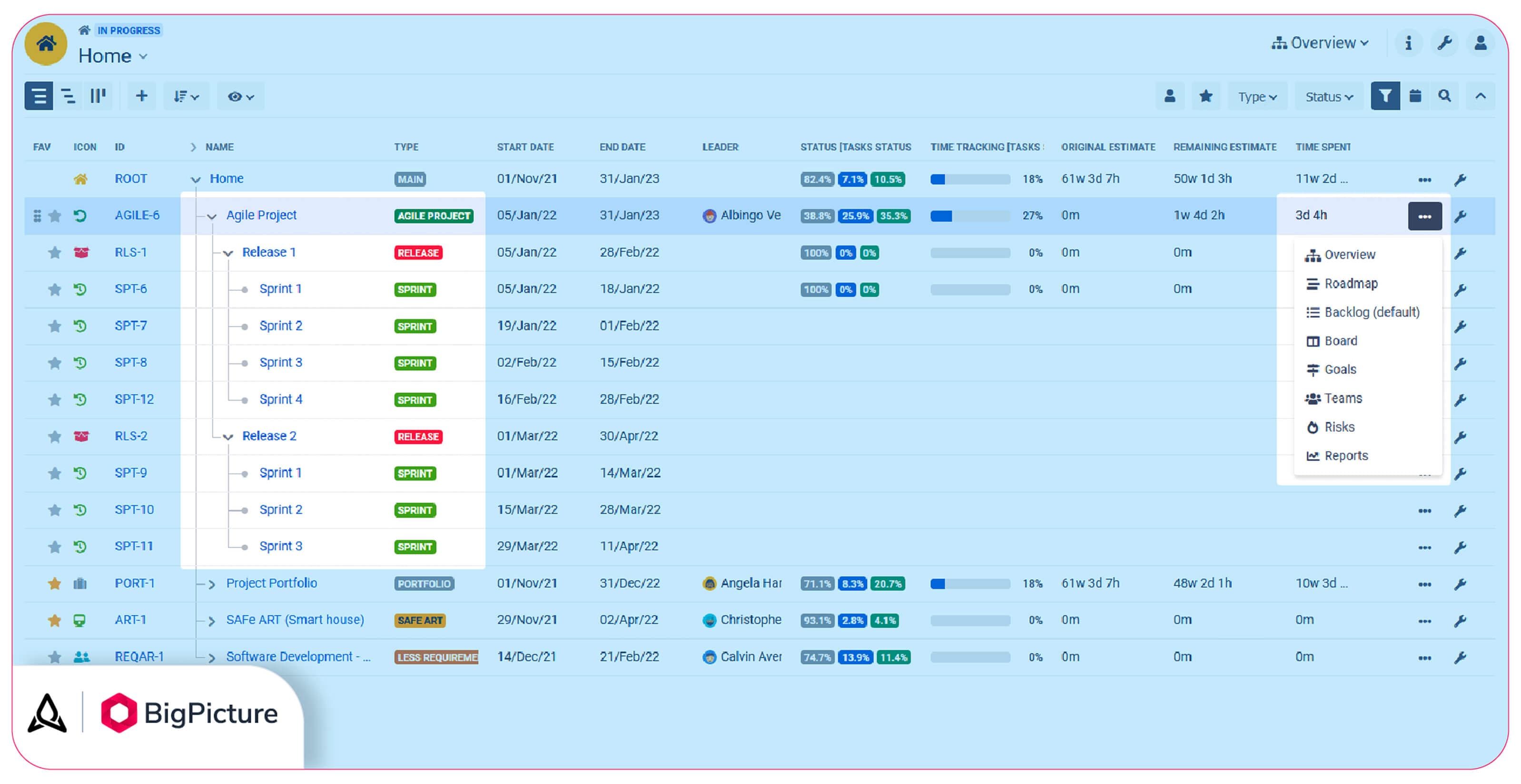 A custom agile schedule within the portfolio Overview in BigPicture Enterprise.