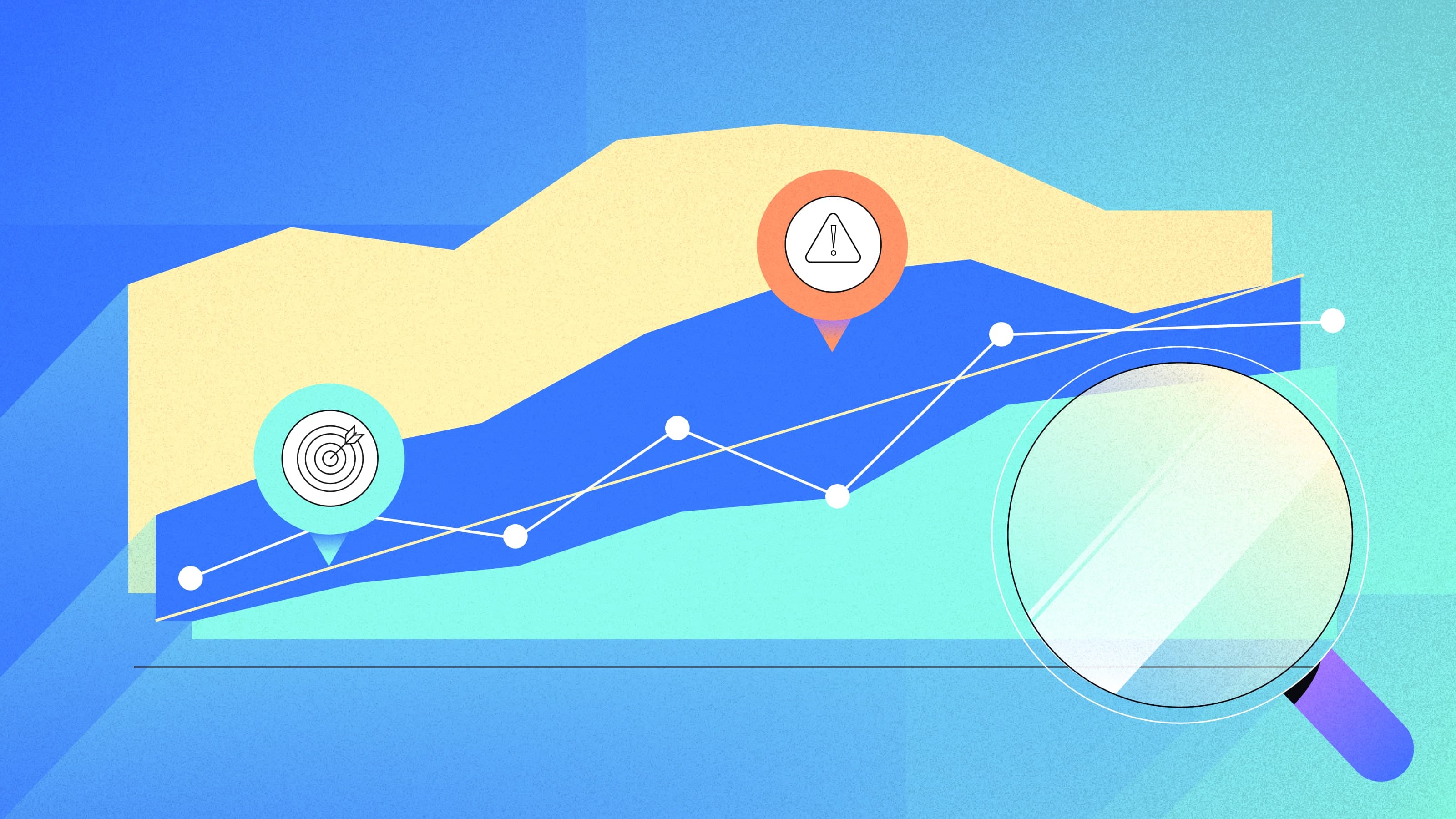 Illustration of a cumulative flow diagram with layered areas in yellow, blue, and green tones representing data flow.