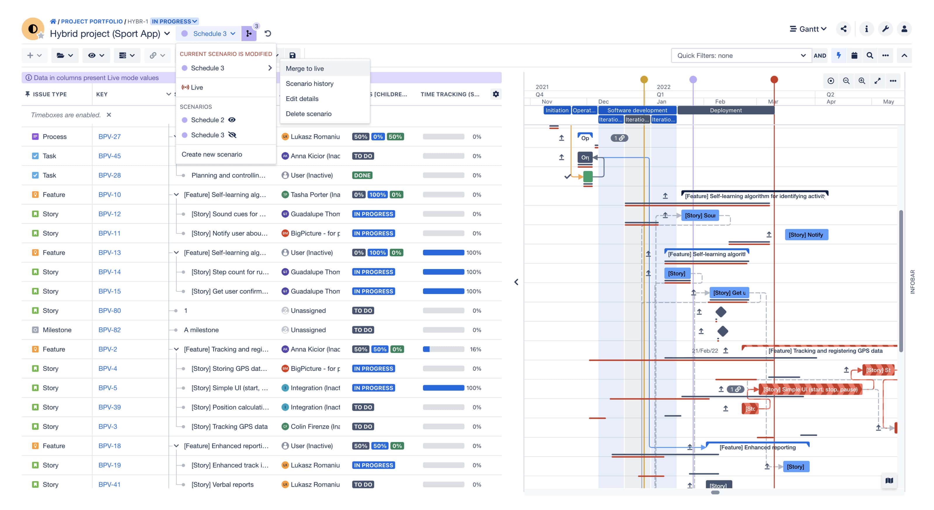 What-if scenarios create a safe space on your Gantt chart and Resources grid where you can simulate and compare different versions of your project plan. (BigPicture for Jira)