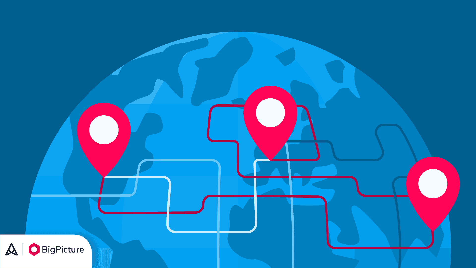 Three interconnected red pins pinned to a globe.