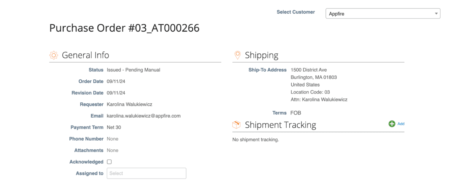 purchase order details page in the Coupa Supplier Portal.