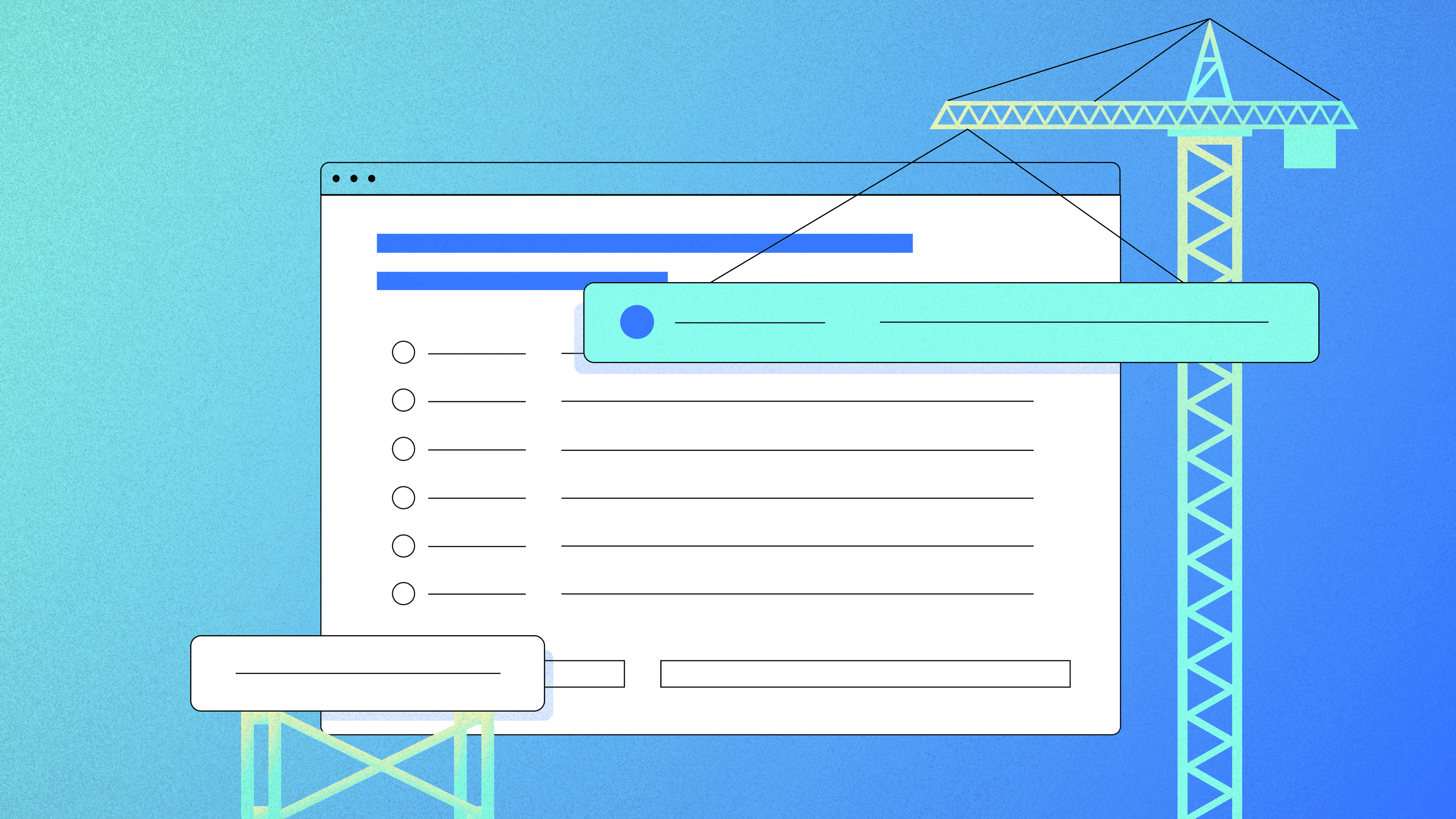 Illustration of a crane building a web interface, symbolizing the setup process for activating an Appfire CSP account.