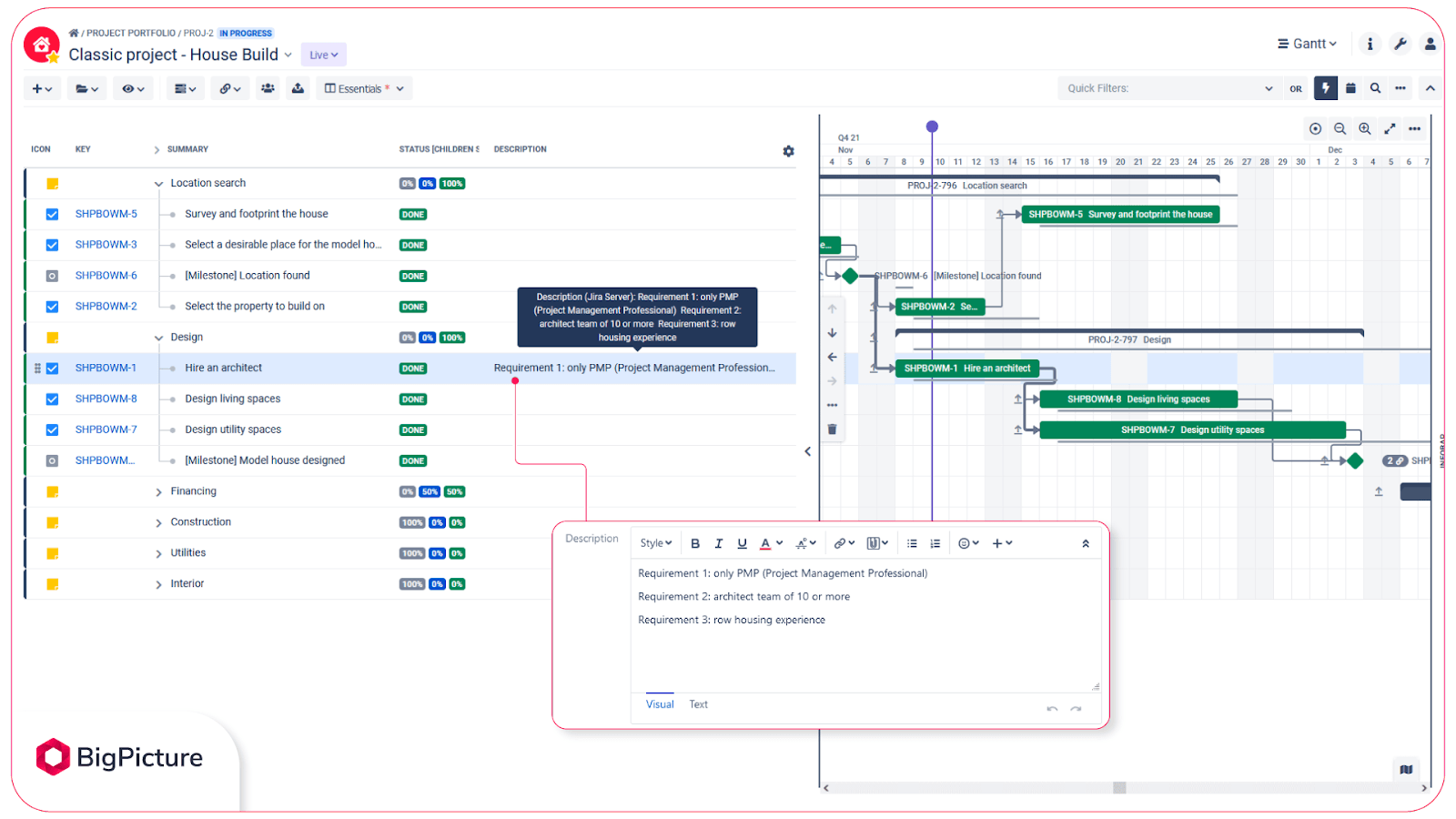 Tracking requirements in Jira issue detail view