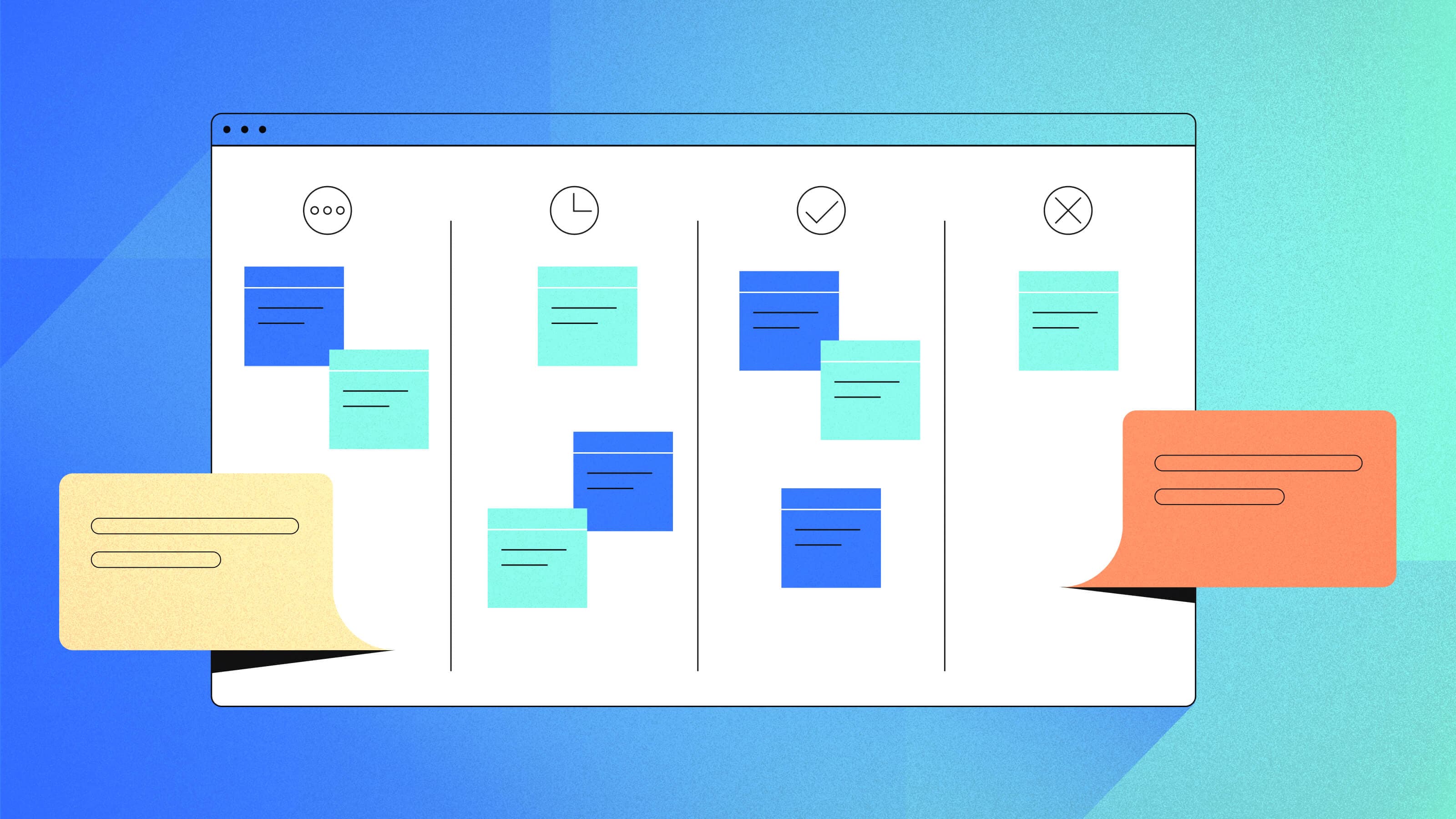 Artistic rendering of a team’s Kanban chart with comment bubbles calling specific items or tasks out.