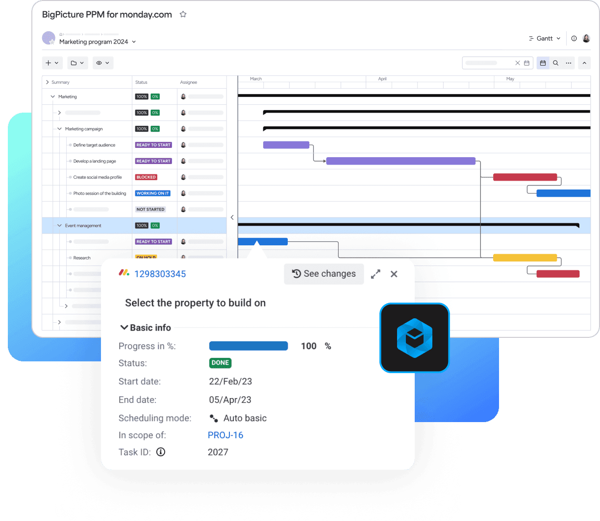 BigPicture PPM interface for Monday.com, featuring a Gantt chart view of tasks within a project.