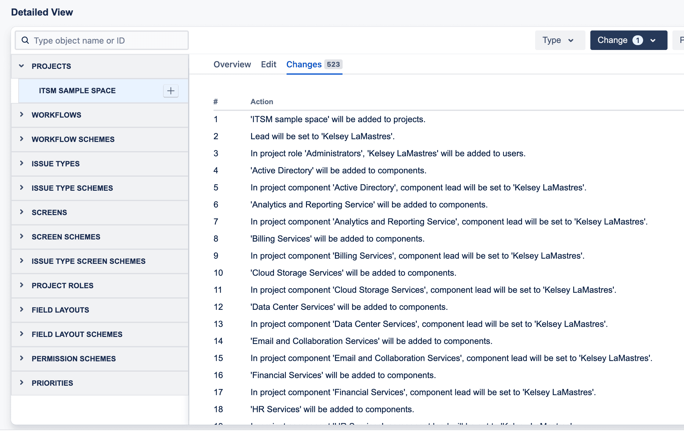 Changes tab of the ITSM sample space project in Jira Configuration Manager listing detailed change actions including new components, project lead assignments, and role changes.