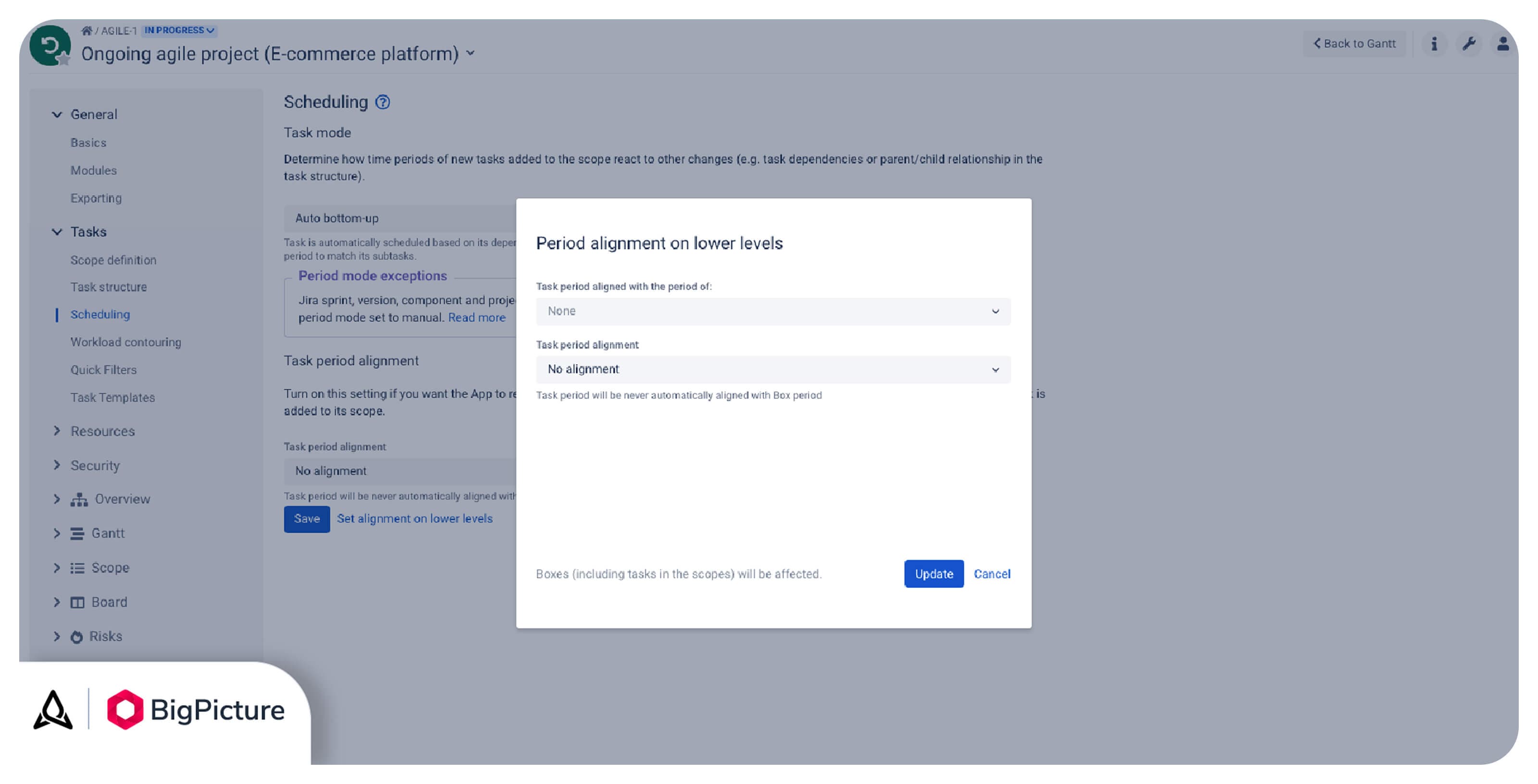 Task period alignment settings for Iteration-based tasks in BigGantt.
