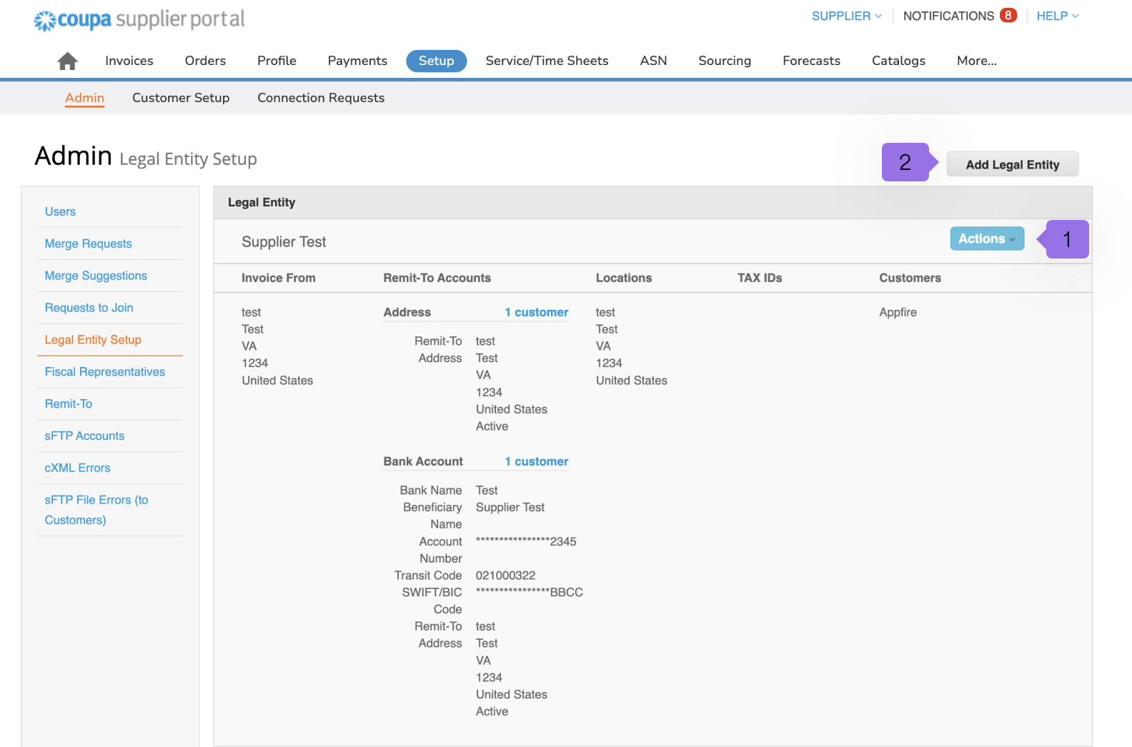 Admin legal entity setup