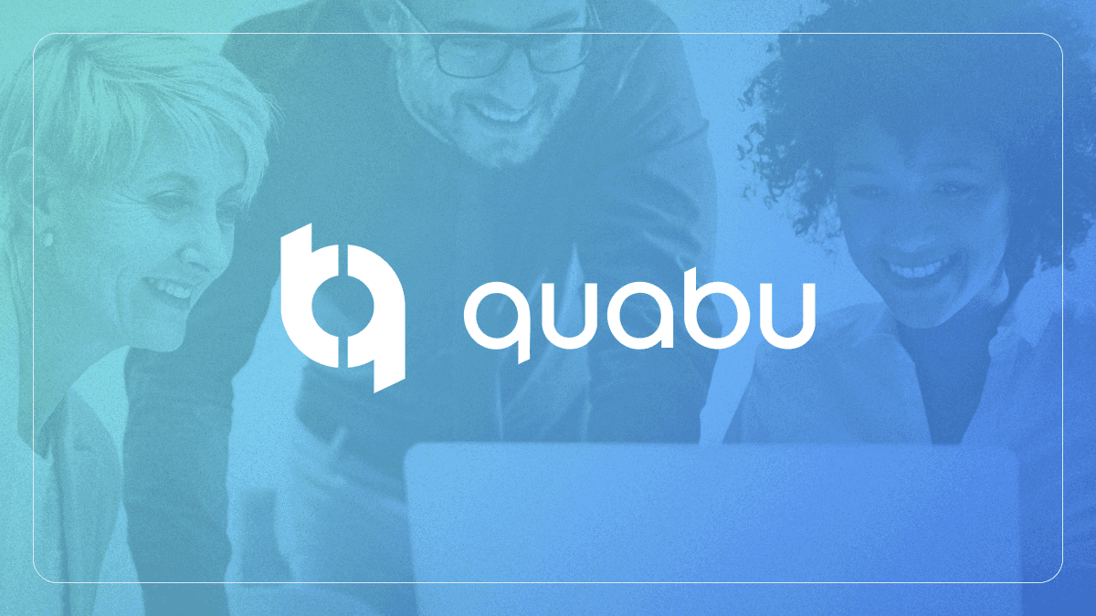 Three smiling professionals looking at a laptop screen, with the logo and name 'quabu' prominently displayed in the center of the image. The scene has a blue gradient overlay.