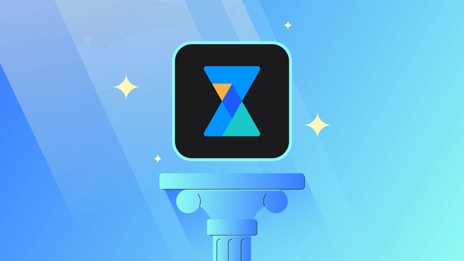 Illustration of the 7pace Timetracker logo on a pedestal with a glowing blue and yellow gradient background, symbolizing innovation and recognition.