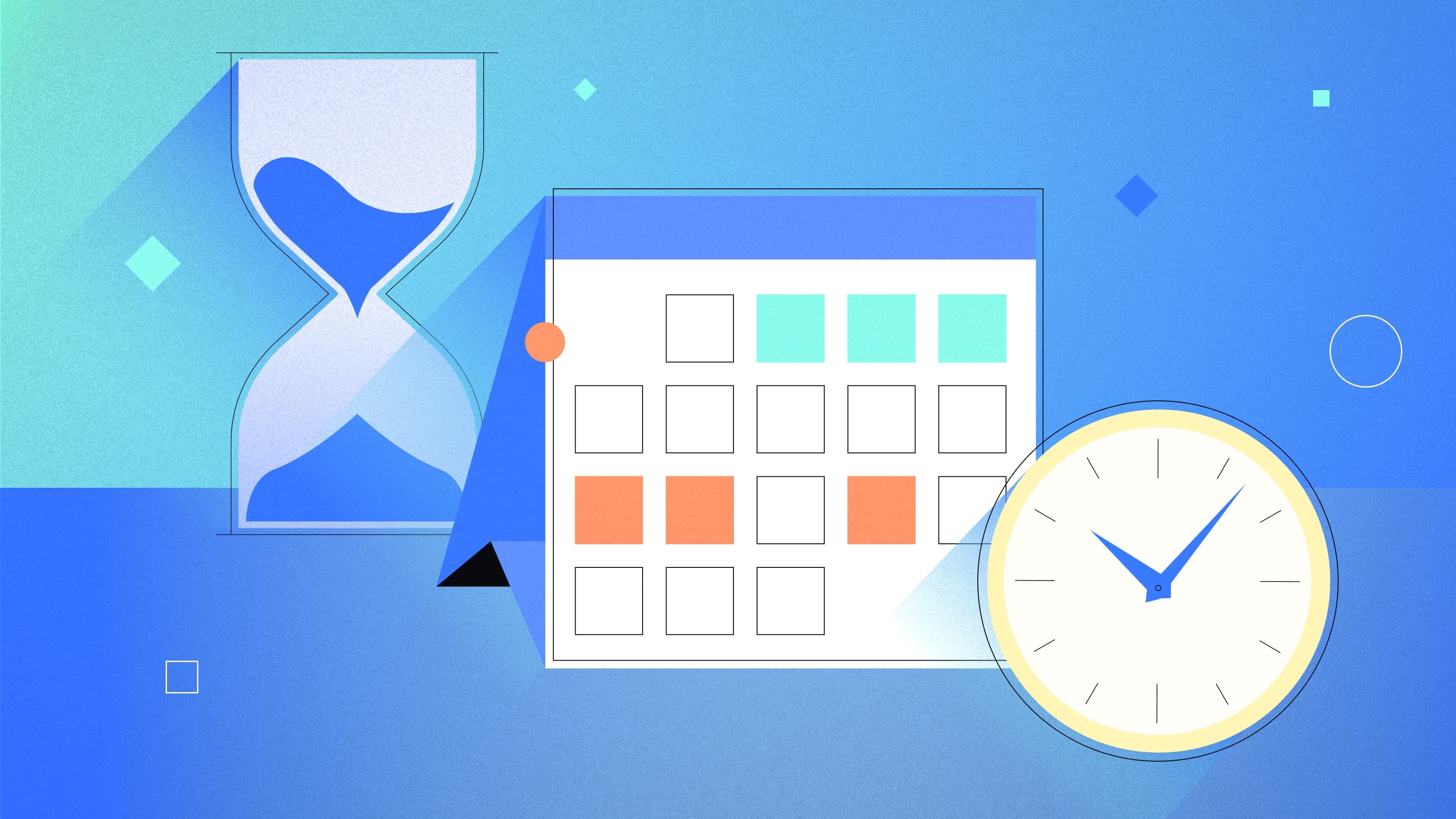 Illustration featuring three time-related icons: an hourglass on the left, a calendar in the center with highlighted dates, and a clock on the right.