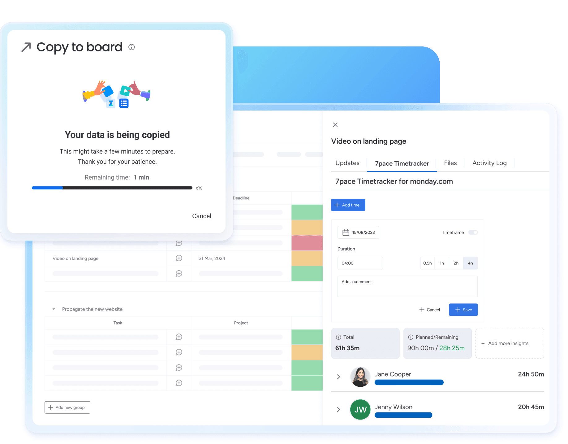 A screenshot showing a time tracking interface with a detailed list of tasks and a 'Copy to board' feature in progress. The interface highlights tasks with their statuses, time logs, and a progress bar indicating the data copying process.