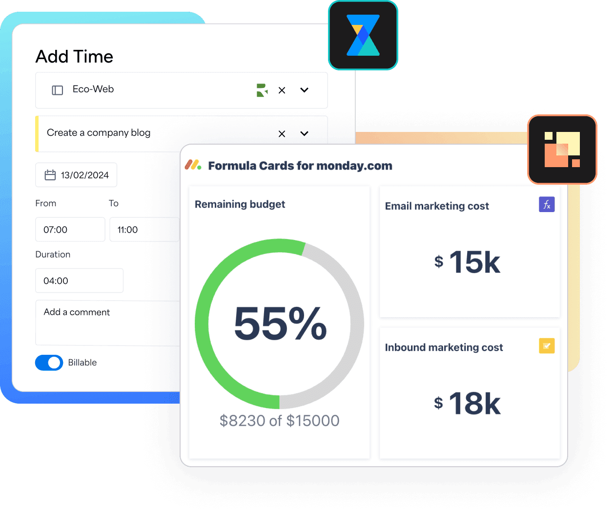 Project management interface displaying time tracking for a task titled 'Create a company blog' with a time log of 4 hours.