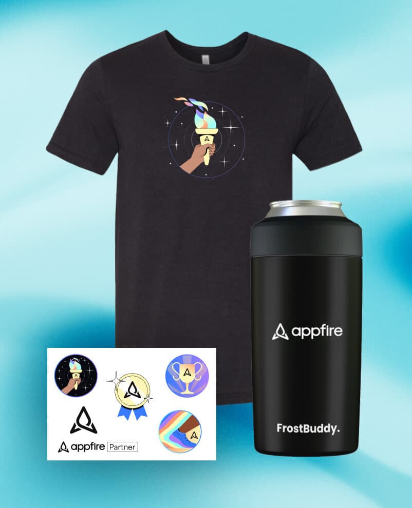 Appfire branded merchandise including a t-shirt with a space theme, an insulated drink bottle, and a sheet of stickers with various logos and designs