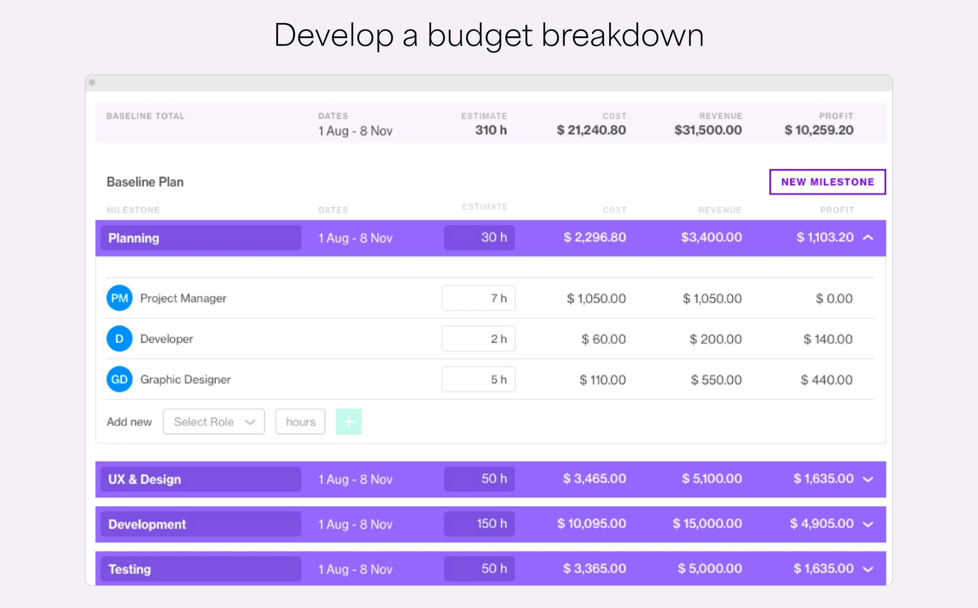Develop a budget breakdown
