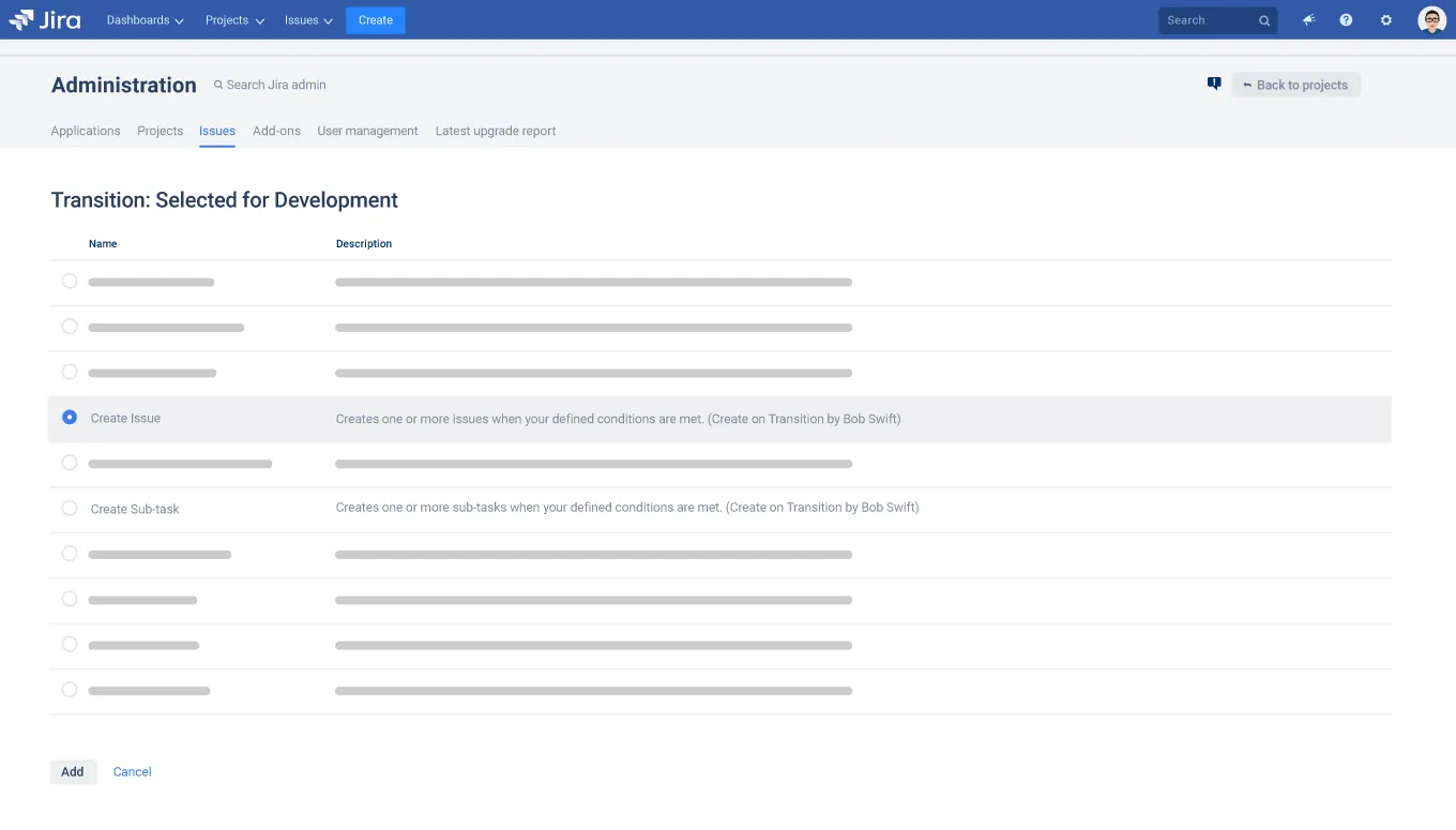 Adding a transition in Jira Administration