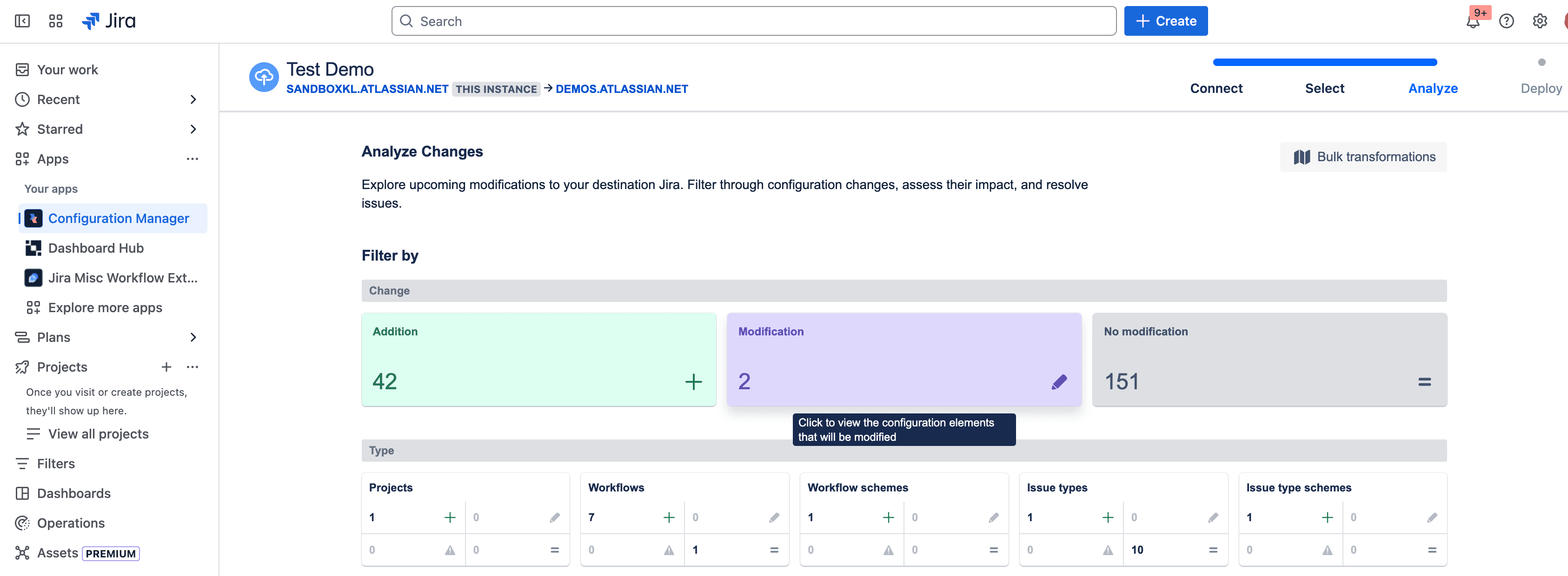 Jira Configuration Manager Analyze Changes screen showing 42 additions, 2 modifications, and 151 elements with no changes, including project, workflow, and issue type counts.