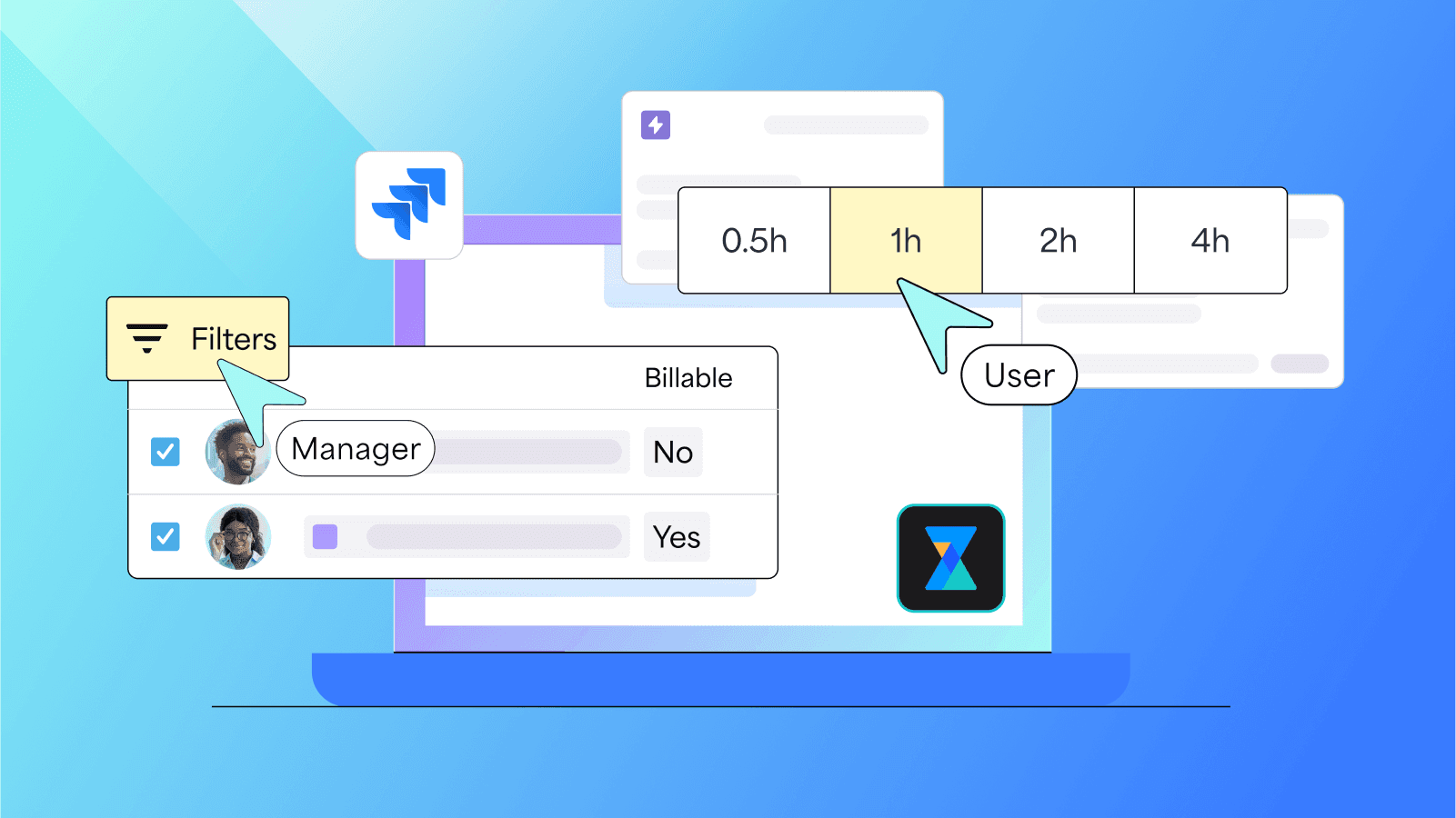 Illustration showcasing 7pace Timetracker for Jira, featuring a laptop with time tracking elements, user filters, billable status, and time selection (e.g., 0.5h, 1h, 2h, 4h). Includes Jira and 7pace logos, emphasizing integration and usability