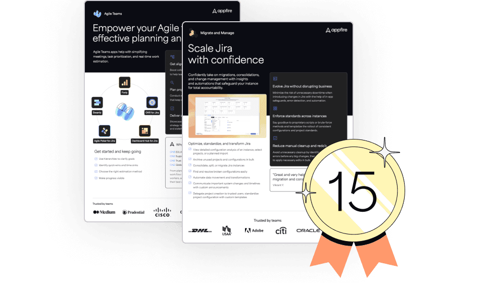 Appfire product brochures highlighting effective planning and scaling Jira with confidence, accompanied by a badge showing the number 15.