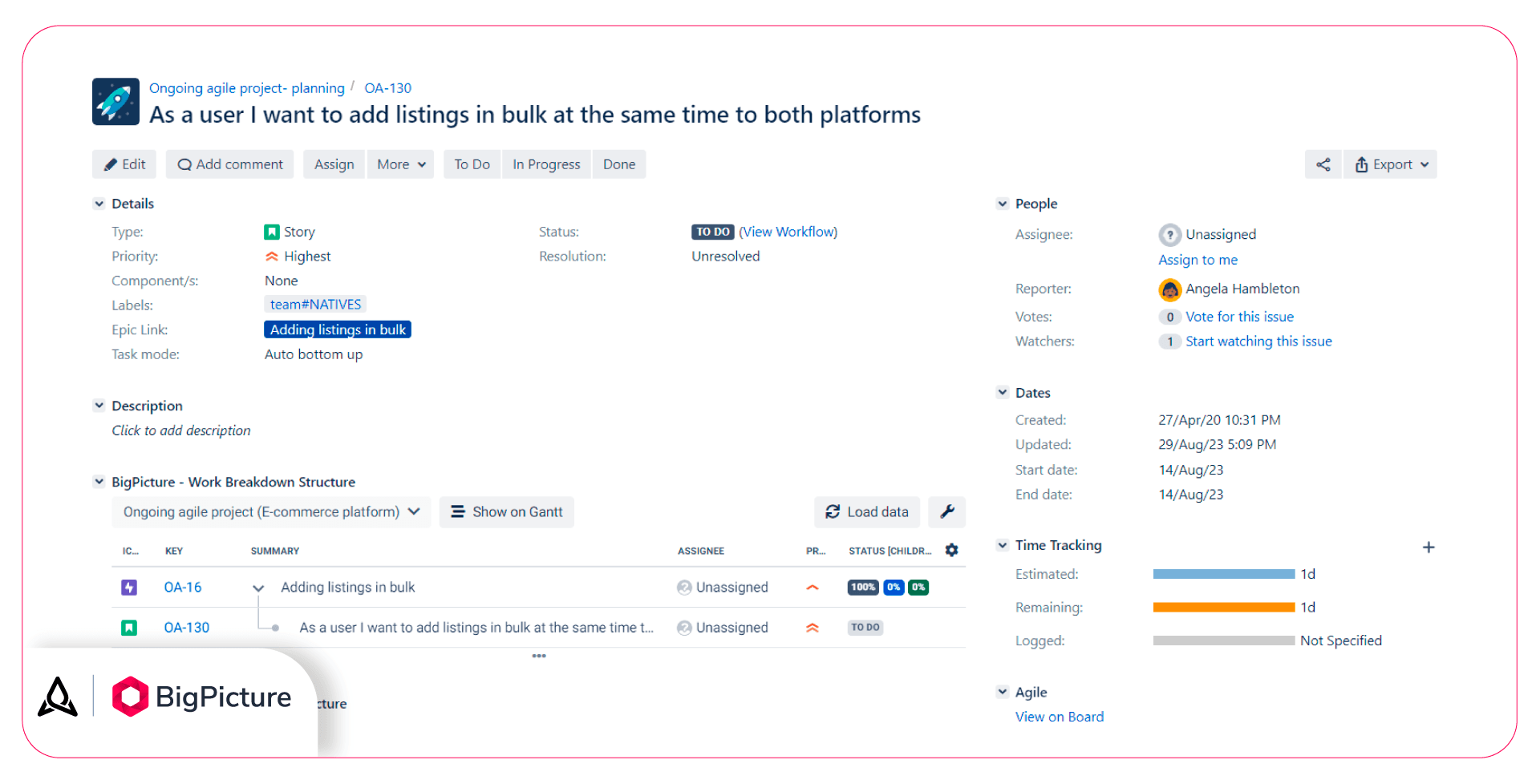 A WBS widget for Jira issue OA-130 showing the said issue and its parent.
