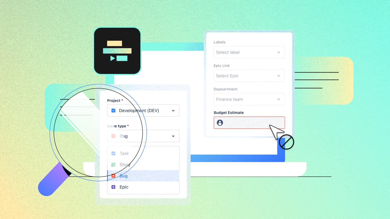 Form interface for selecting project fields like issue type, labels, and budget estimate in a development workflow