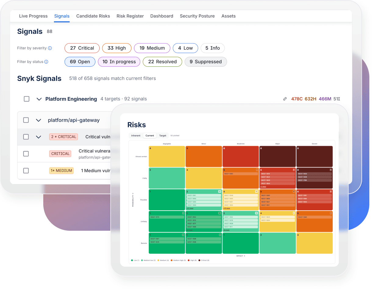 Bring security and GRC signals together with Confluence context in a live Jira risk register, giving teams a connected view of risk.